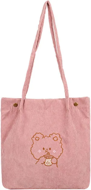 Aisi Corduroy Totes Bag Women Ladies Corduroy Shoulder Bag Cute Cartoon Embroidery Casual Shoulder Tote