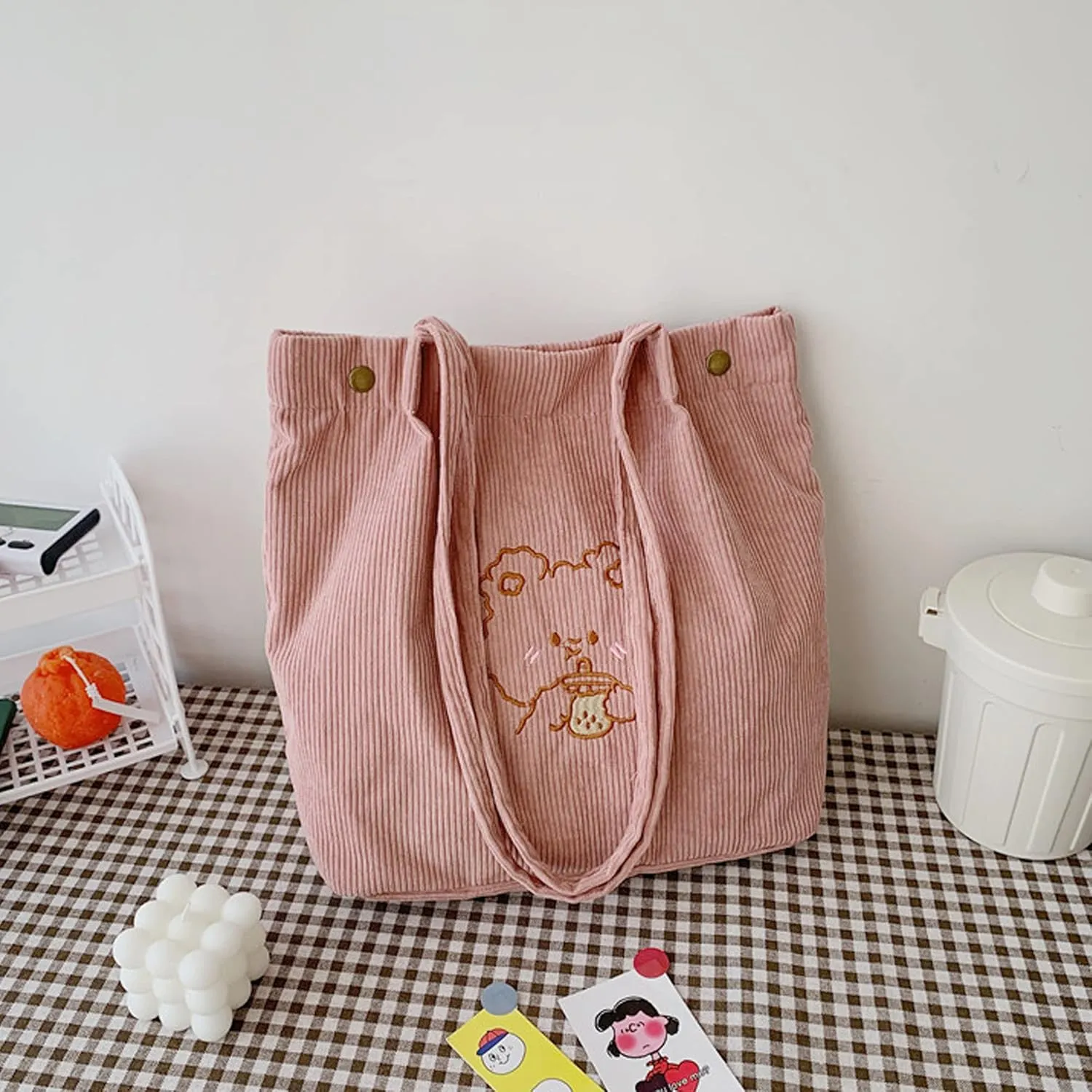 Aisi Corduroy Totes Bag Women Ladies Corduroy Shoulder Bag Cute Cartoon Embroidery Casual Shoulder Tote