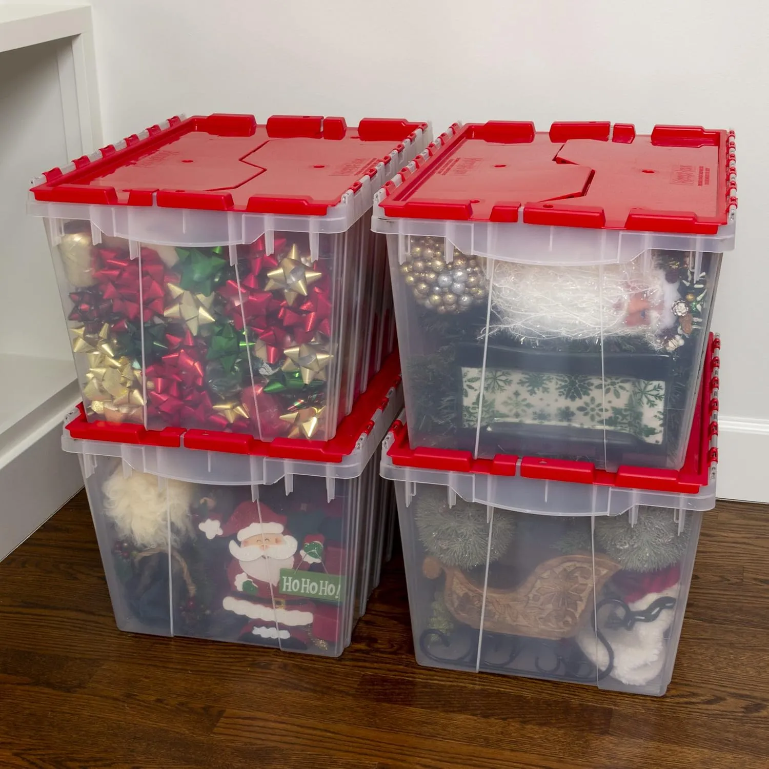 Akro-Mils KeepBox 12 Gallon Storage Container, Nesting and Stackable Plastic Storage Box with Lid Attached, Clear Tote for Garages, Closets, and Moving, 21-1/2" x 15" x 12-1/2", Clear/Red