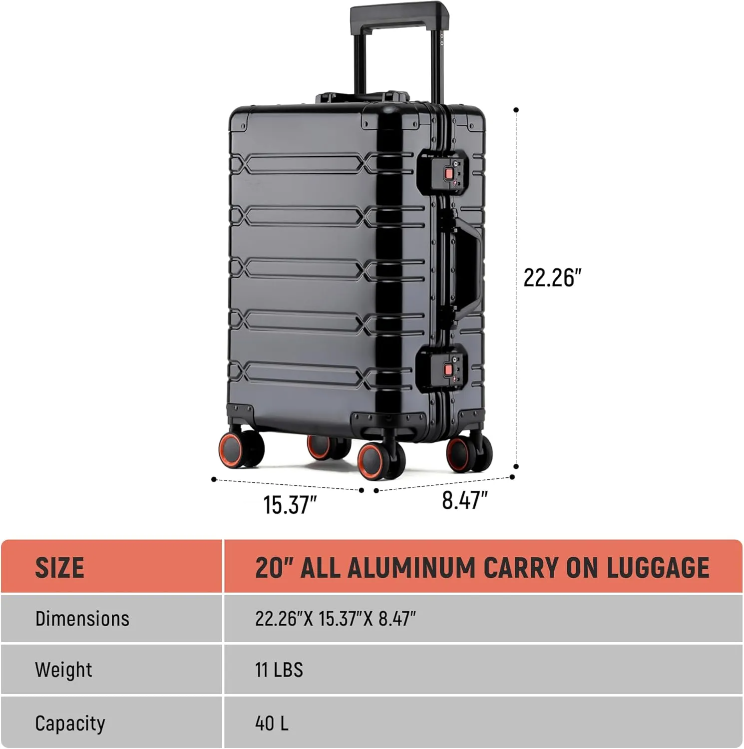 All Aluminum Carry On Luggage 22x14x9 Airline Approved Hard Shell Suitcases with Spinner Wheels Zipperless Luggage 20 inch Carry On Suitcase, Black