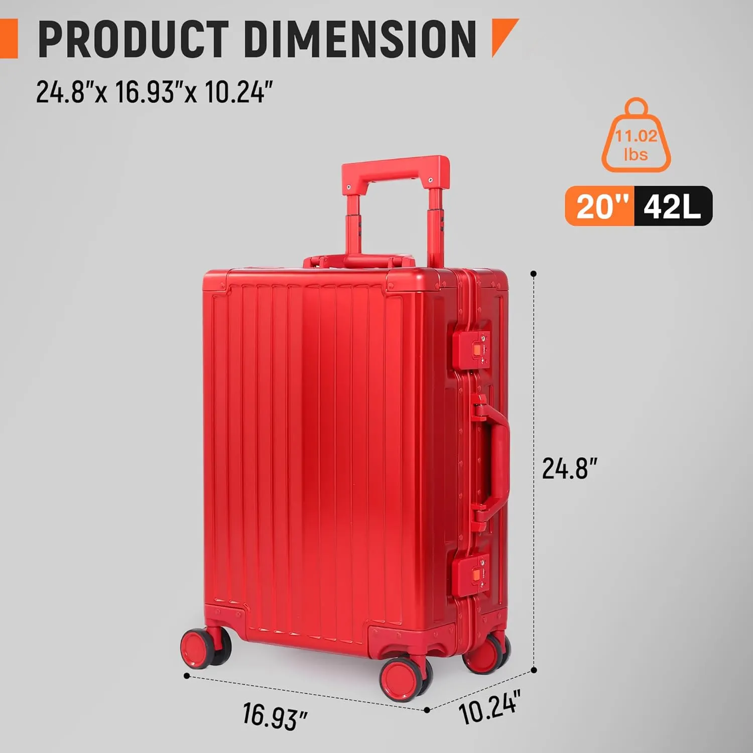 All Aluminum Carry On Luggage 22x14x9 Airline Approved Heavy Duty Hard Shell Suitcases Zipperless Suitcase with TSA Lock, Red, 20 Inch