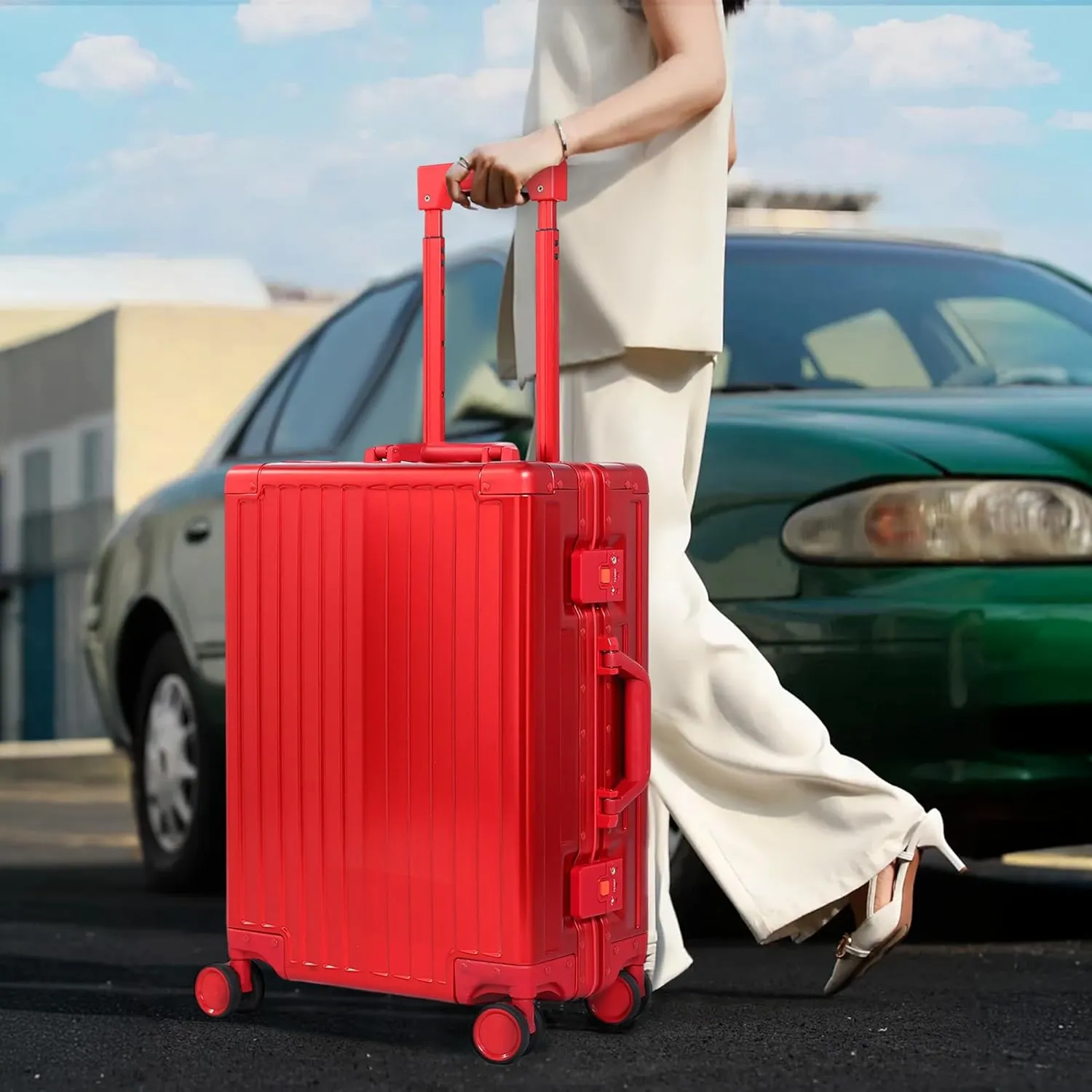 All Aluminum Carry On Luggage 22x14x9 Airline Approved Heavy Duty Hard Shell Suitcases Zipperless Suitcase with TSA Lock, Red, 20 Inch