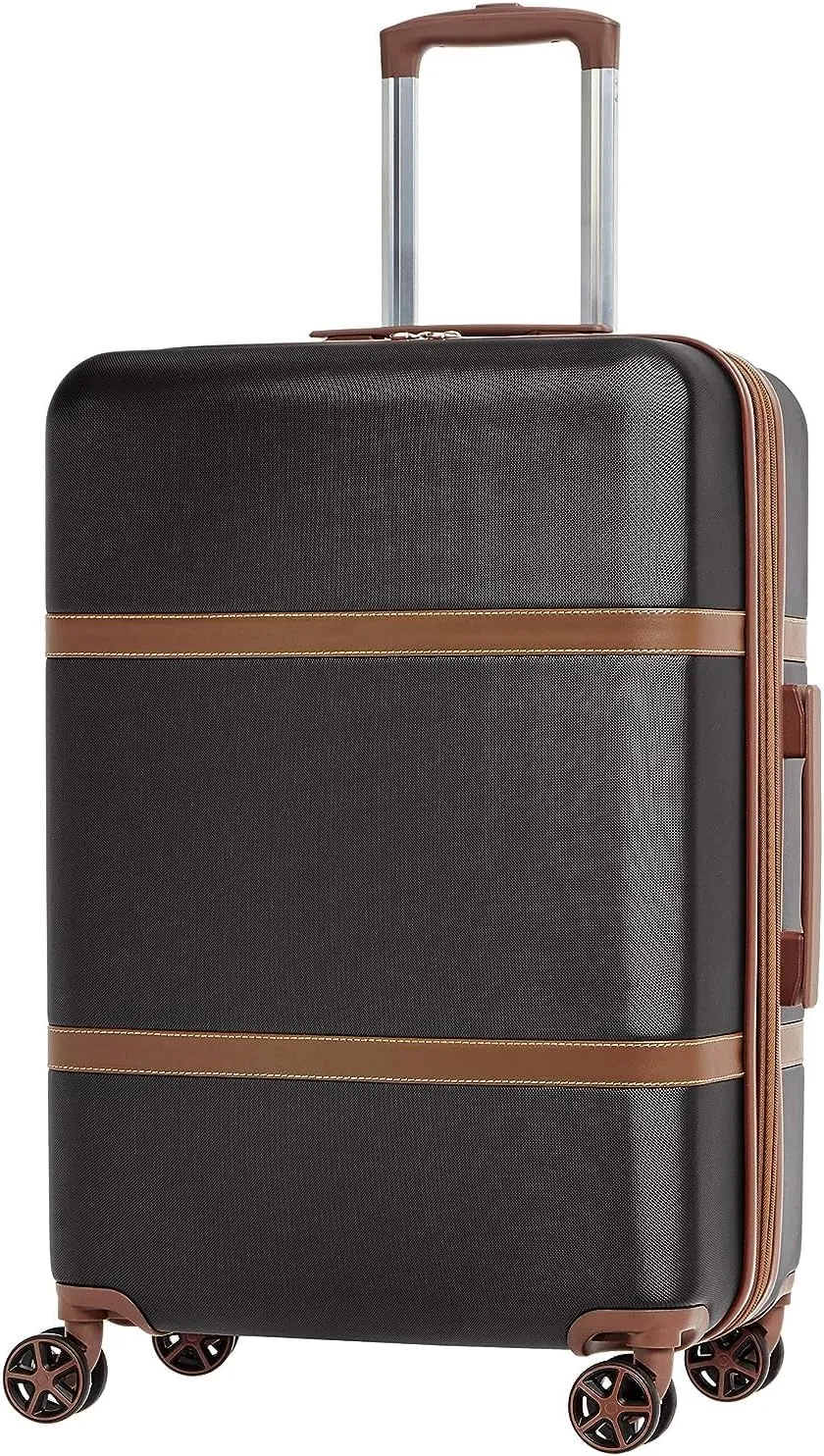 Amazon Basics 26-inch Hardside Checked Luggage With Leather Detailing, Hardshell Suitcase With Wheels, Expandable Space, With 8 Multi-directional Wheels, Scratch-Resistant Surface, Black
