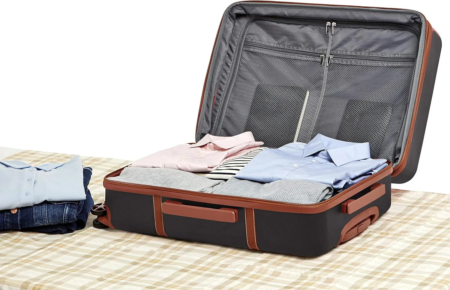 Amazon Basics 26-inch Hardside Checked Luggage With Leather Detailing, Hardshell Suitcase With Wheels, Expandable Space, With 8 Multi-directional Wheels, Scratch-Resistant Surface, Black