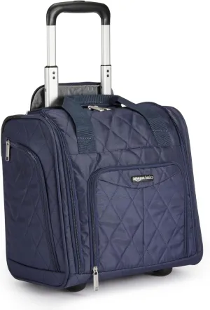 Amazon Basics Underseat Carry On Luggage with Wheels - 14" Rolling Travel Bag, Navy Quilted