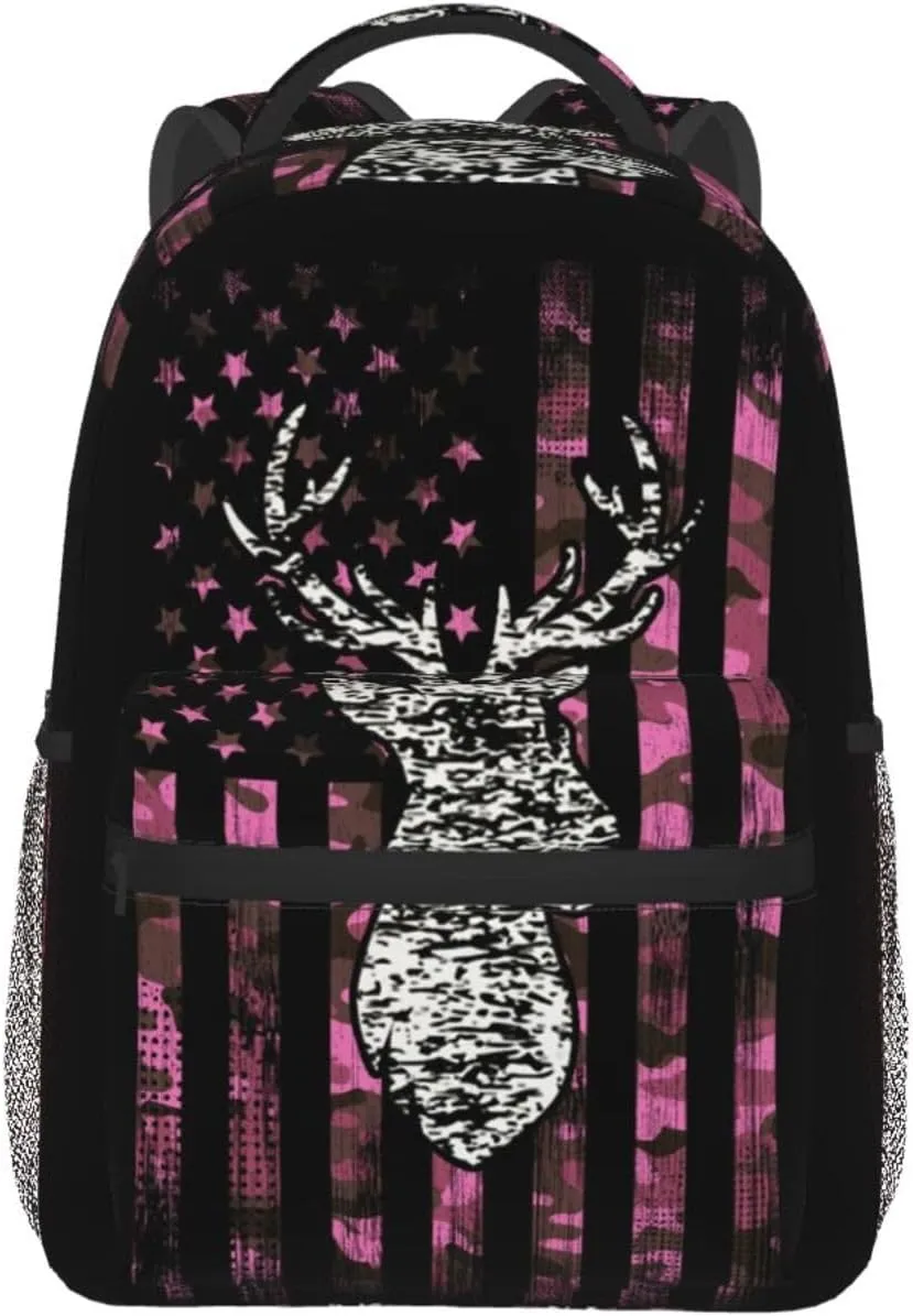 American Flag Camo Funny Deer Hunting Pink Camouflage Backpack Travel Bag Bookbags Satchels Daypacks