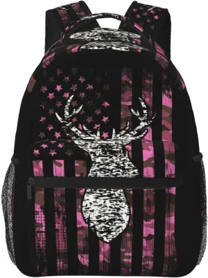 American Flag Camo Funny Deer Hunting Pink Camouflage Backpack Travel Bag Bookbags Satchels Daypacks