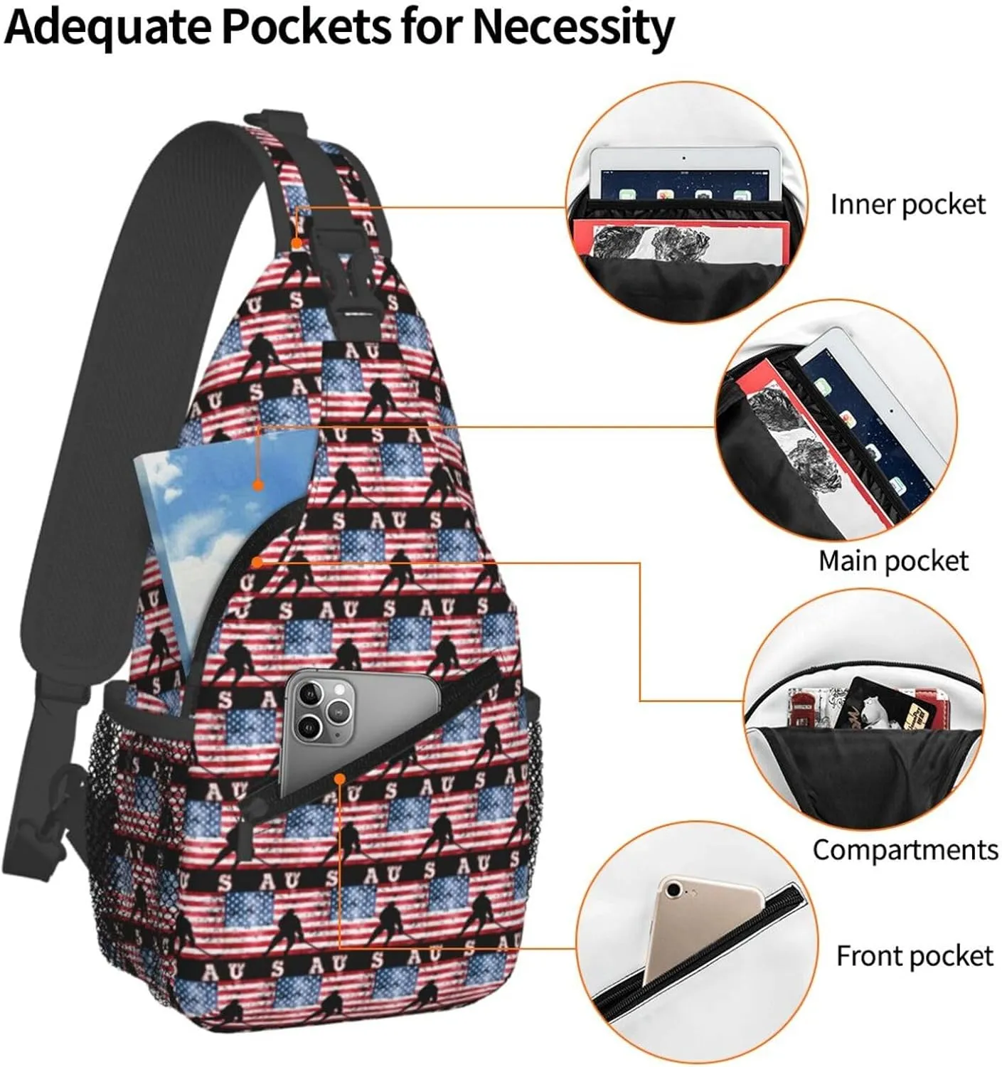 American Flag Swimming Team Sling Bag Adjustable Chest Bags Casual Crossbody Bag Travel Shoulder Backpack