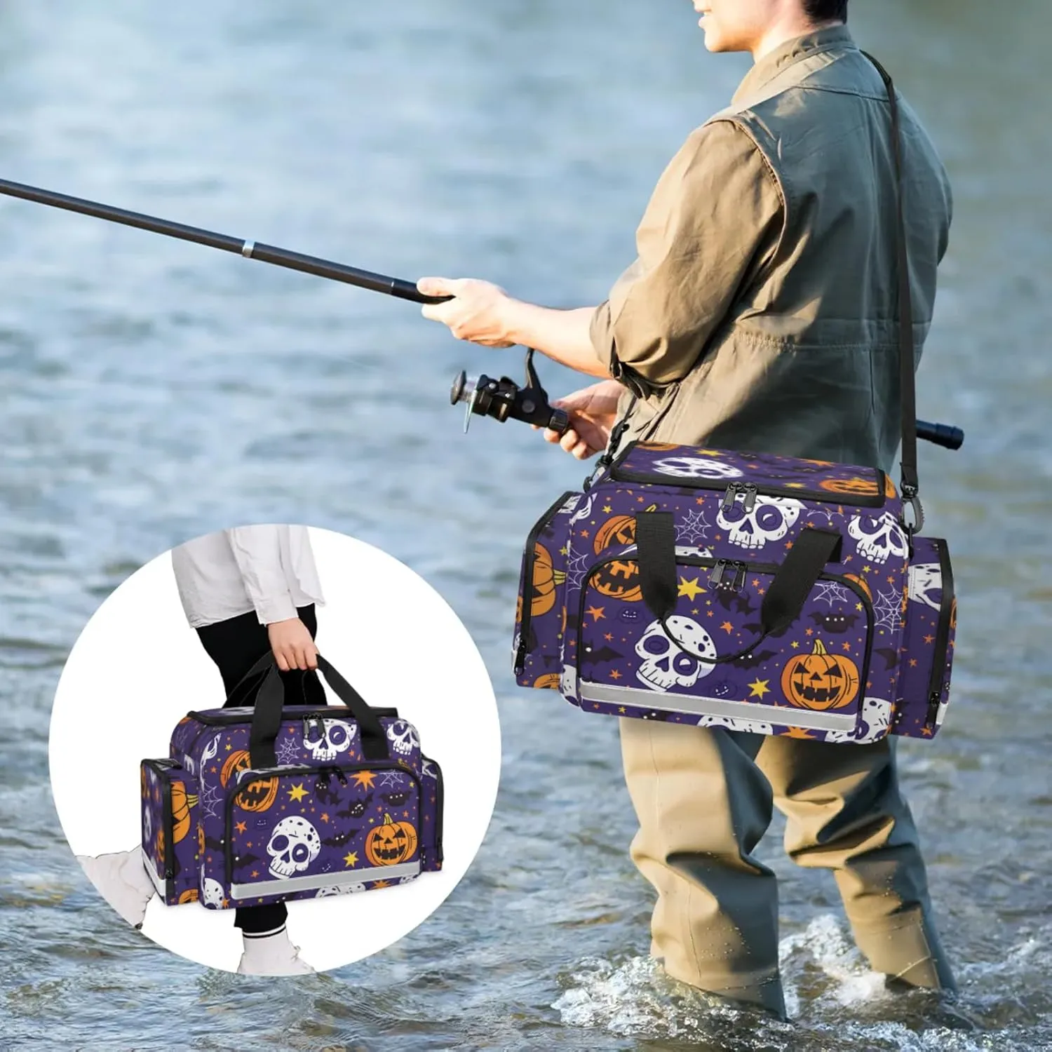 Anti-Scratch Duffle Bag for Travel 25x17.7x11.2 Inch - Waterproof Duffel Bag for Camping Fitness, Durable EMS Gear for First Responders Halloween Skull Bat Pumpkin