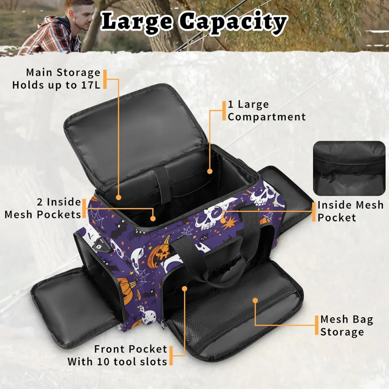 Anti-Scratch Duffle Bag for Travel 25x17.7x11.2 Inch - Waterproof Duffel Bag for Camping Fitness, Durable EMS Gear for First Responders Halloween Skull Bat Pumpkin