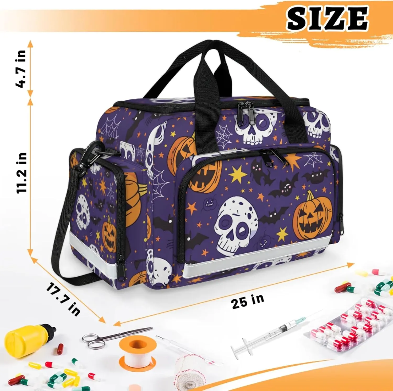 Anti-Scratch Duffle Bag for Travel 25x17.7x11.2 Inch - Waterproof Duffel Bag for Camping Fitness, Durable EMS Gear for First Responders Halloween Skull Bat Pumpkin