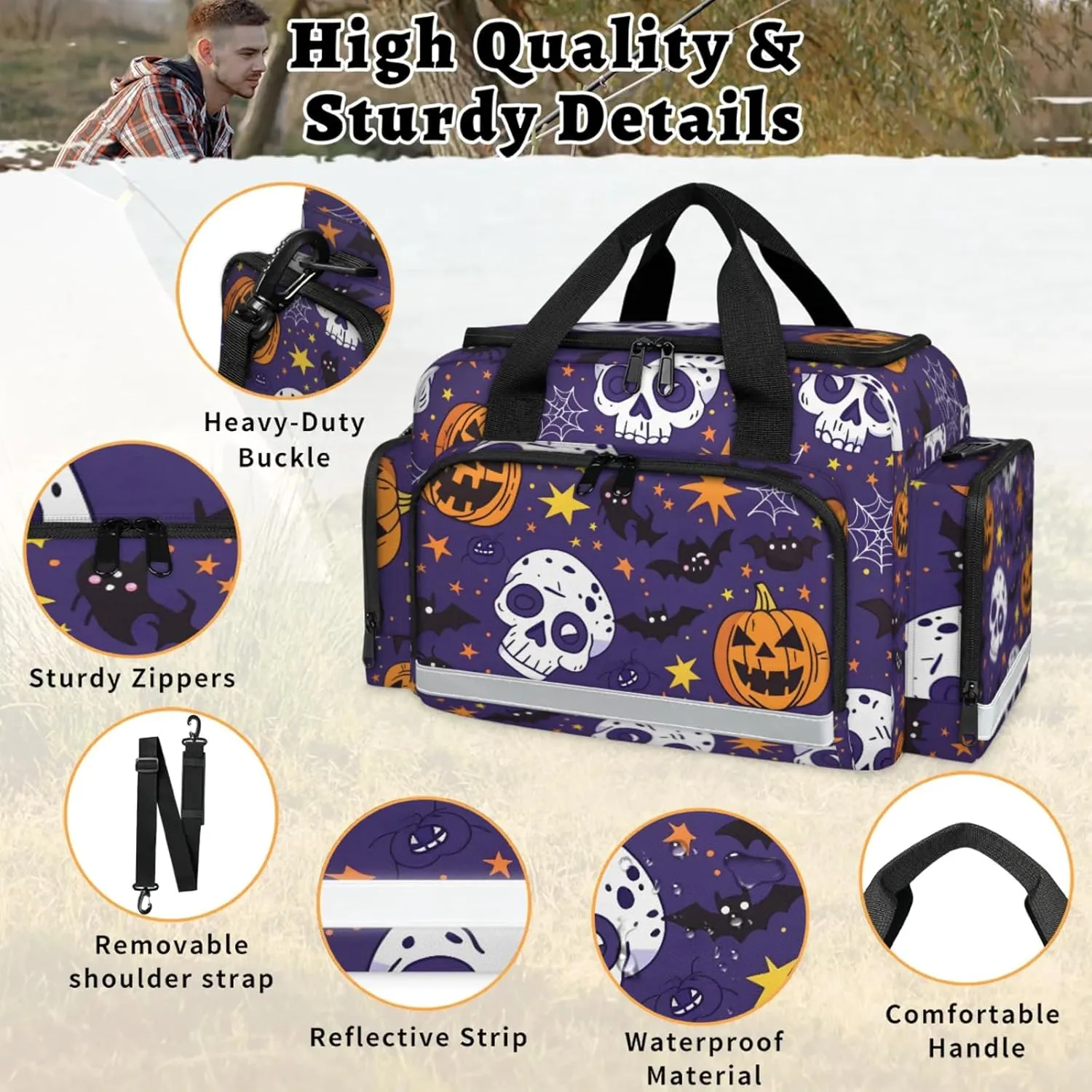 Anti-Scratch Duffle Bag for Travel 25x17.7x11.2 Inch - Waterproof Duffel Bag for Camping Fitness, Durable EMS Gear for First Responders Halloween Skull Bat Pumpkin