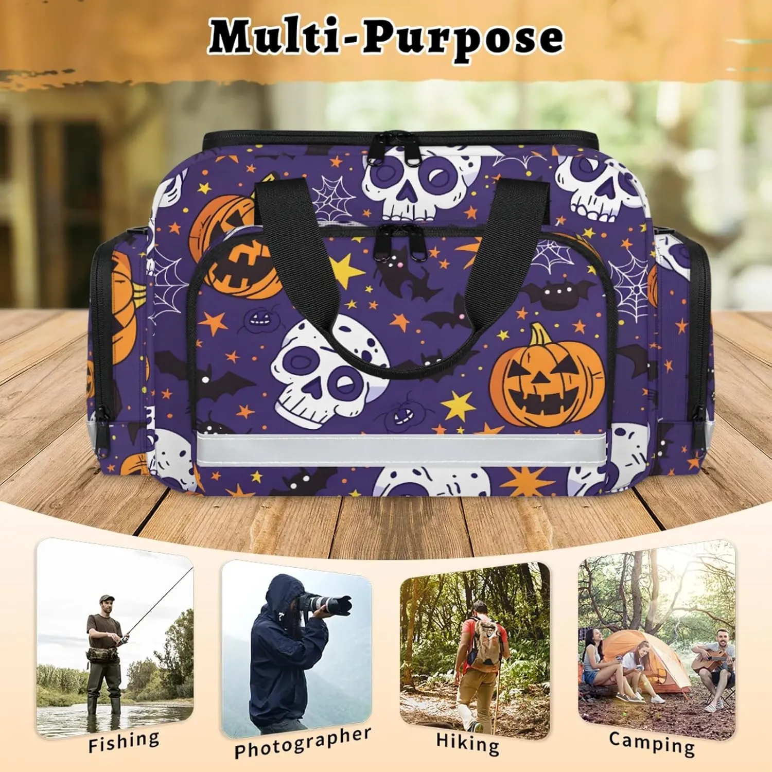 Anti-Scratch Duffle Bag for Travel 25x17.7x11.2 Inch - Waterproof Duffel Bag for Camping Fitness, Durable EMS Gear for First Responders Halloween Skull Bat Pumpkin