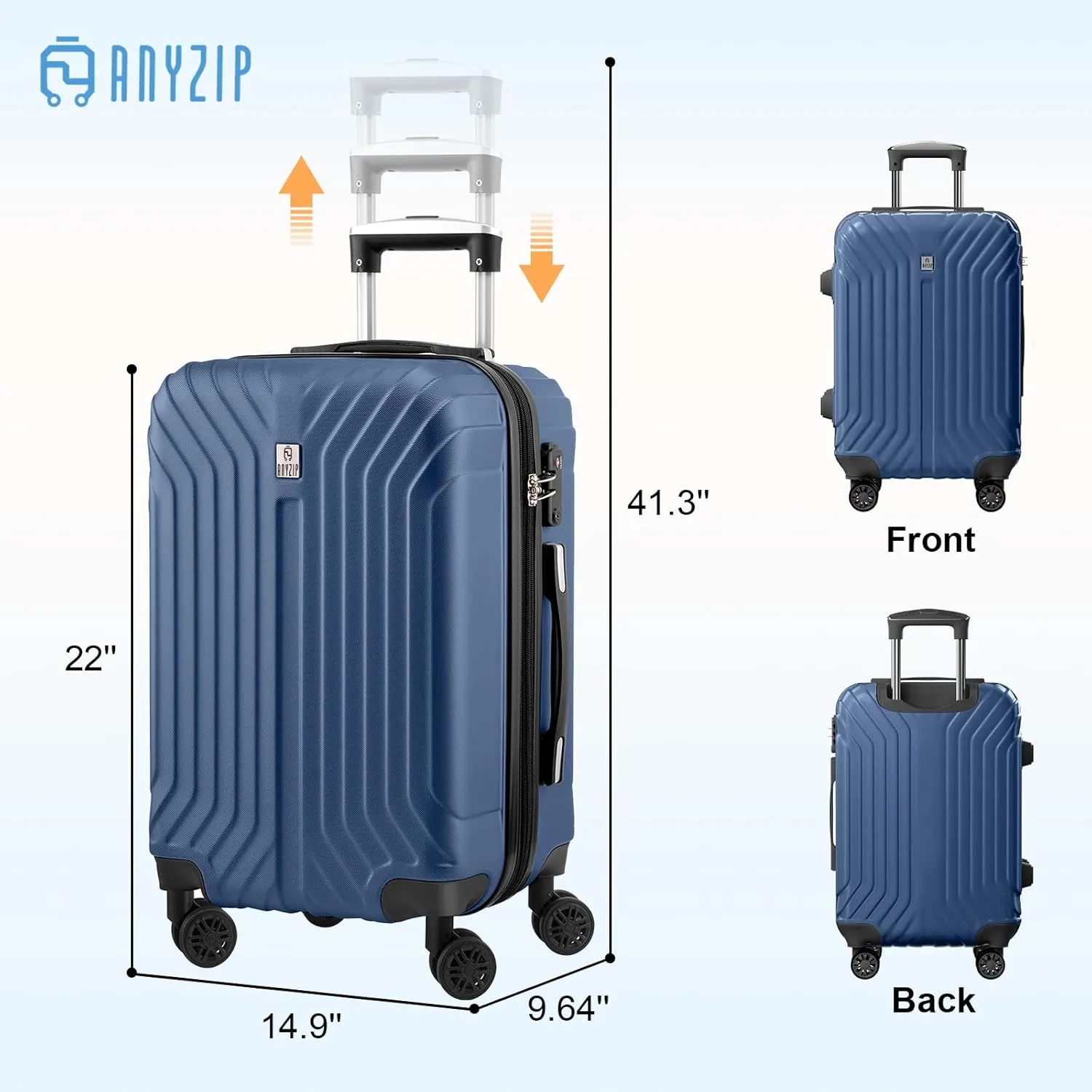 AnyZip Expandable Carry On Luggage, 20 Inch Hard Shell Travel Suitcase,Rolling Lightweight Suitcases with Wheels TSA Lock (Blue)