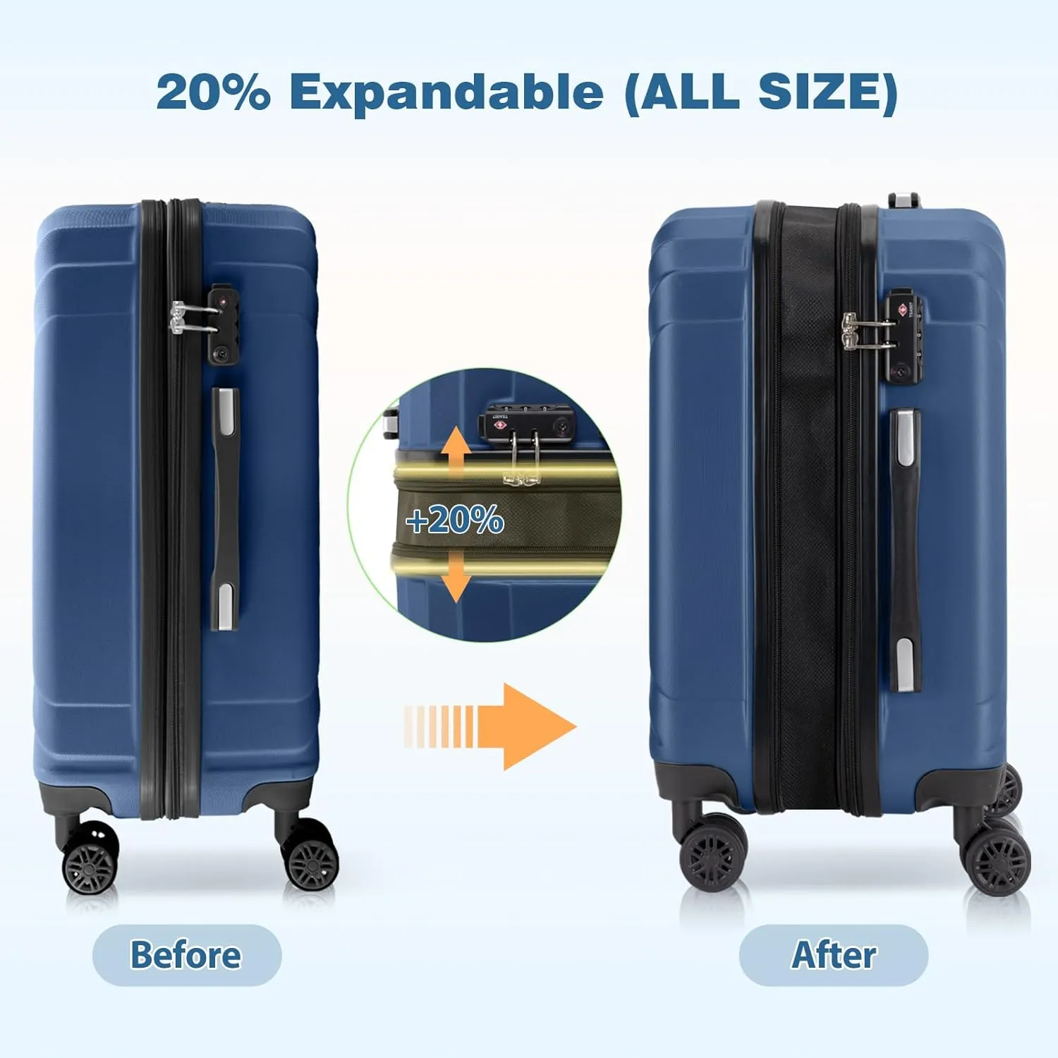 AnyZip Expandable Carry On Luggage, 20 Inch Hard Shell Travel Suitcase,Rolling Lightweight Suitcases with Wheels TSA Lock (Blue)