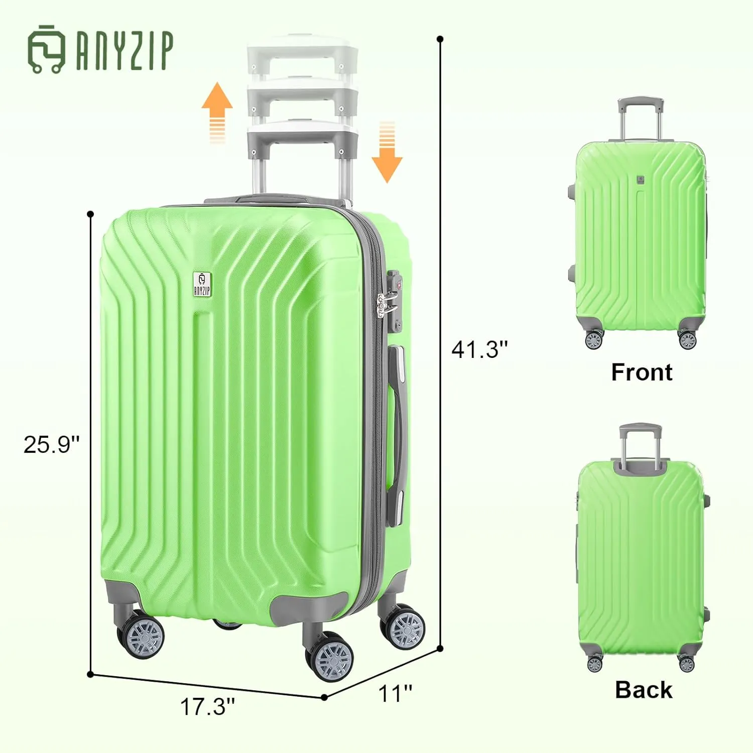 AnyZip Expandable Carry On Luggage, 20 Inch Hard Shell Travel Suitcase,Rolling Lightweight Suitcases with Wheels TSA Lock (LightGreen)