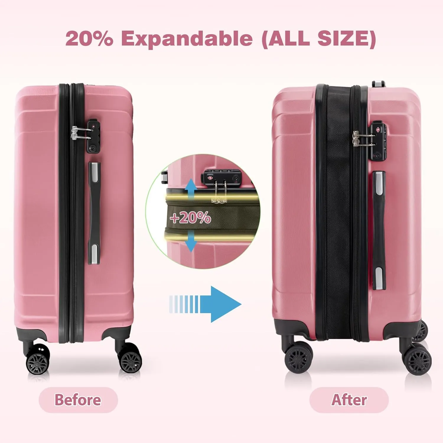 AnyZip Expandable Luggage, 28 Inch Large Hard Shell Checked Suitcase, Rolling Lightweight Travel Suitcases with Wheels TSA Lock (Pink)