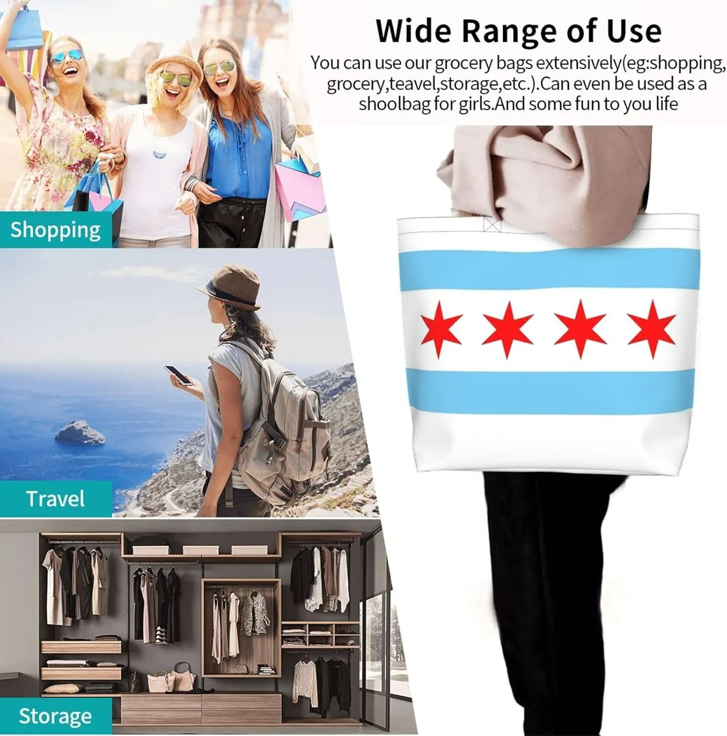 ASYG Cute Flag Tote Bag Large Women Casual Shoulder Bag Handbag Reusable Patriotic Shopping Grocery Bag