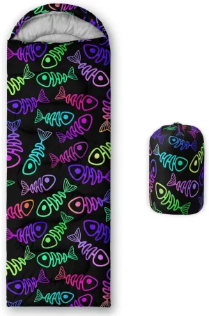 Axolotl Neon Fish Skeletons Sleeping Bag for Kids Girls Boys–Lightweight Warm Cold Weather Black Sleeping Bags,Waterproof Portable with Camping Stuff for Camping Backpacking Hiking Outdoor Indoor