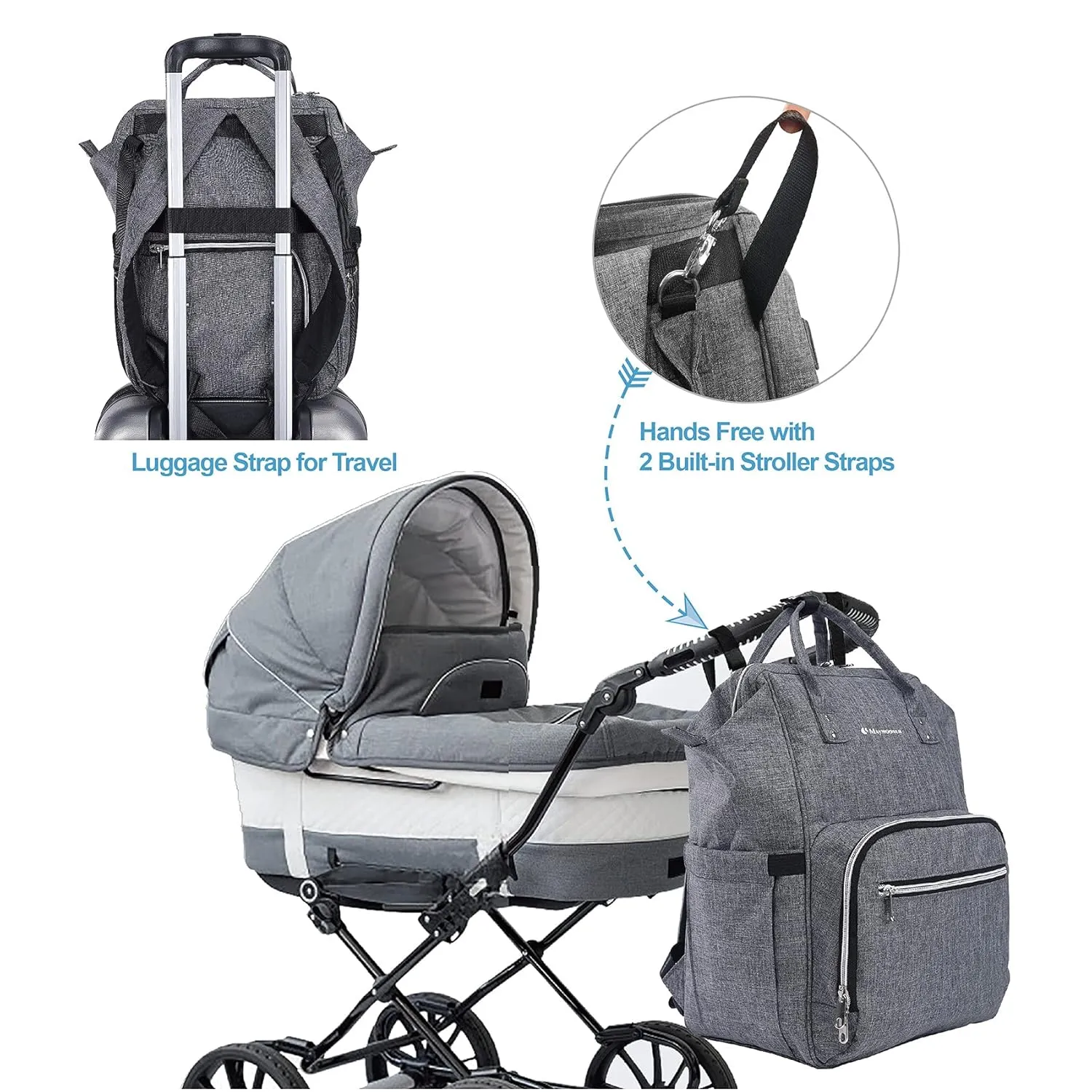 Baby Backpack Diaper Bag with Portable Changing Pad Multifunctional Large Unisex Nappy Changing Bags with Insulated Pockets,Grey