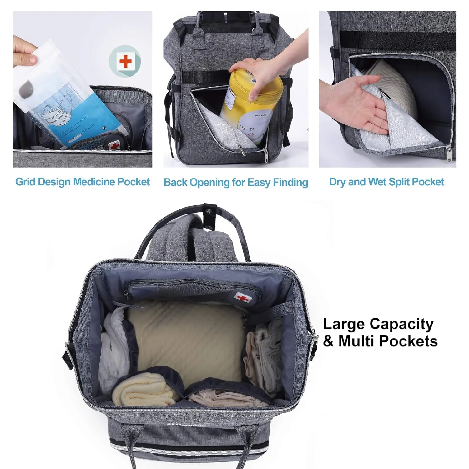 Baby Backpack Diaper Bag with Portable Changing Pad Multifunctional Large Unisex Nappy Changing Bags with Insulated Pockets,Grey