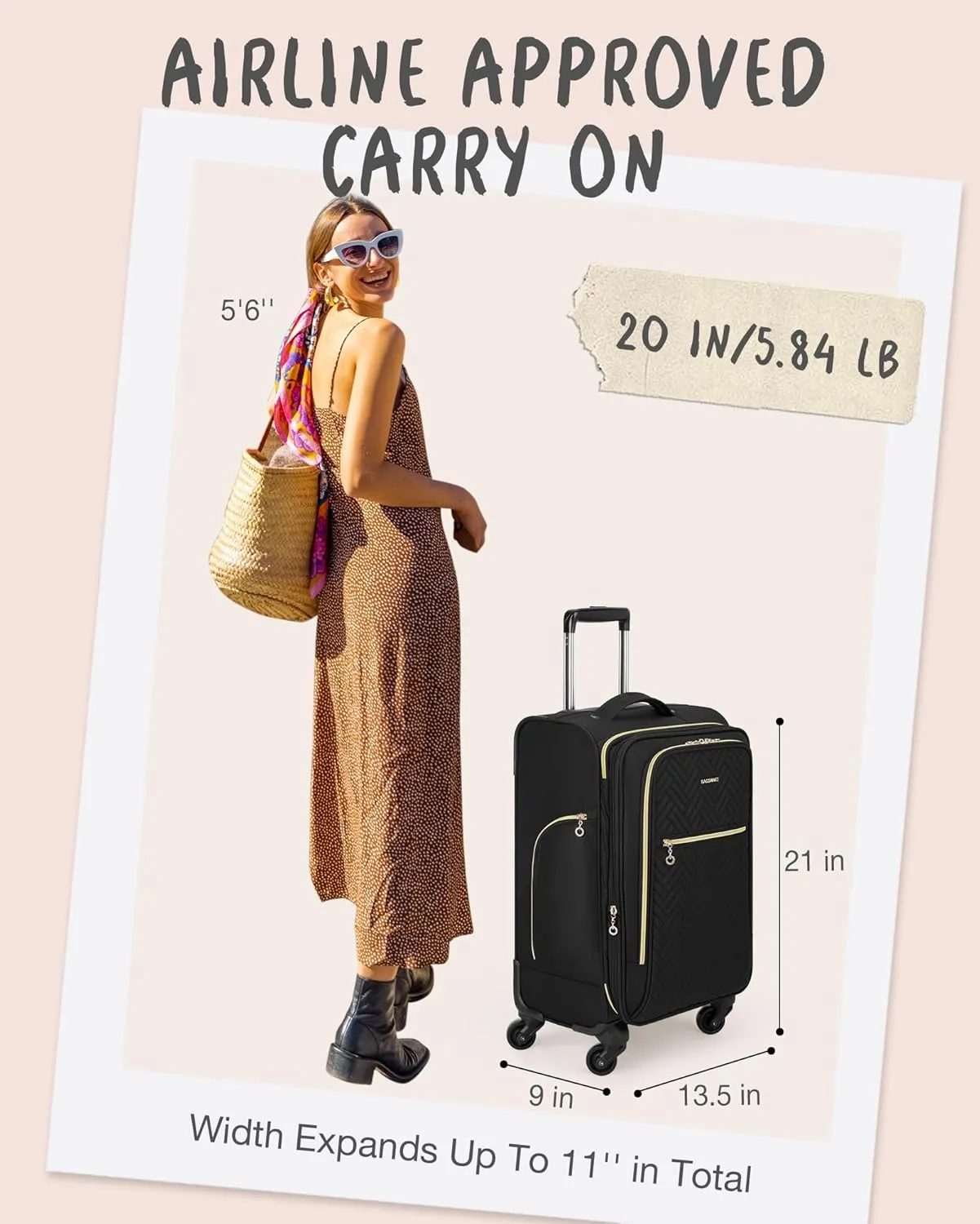 BAGSMART Carry On Luggage 20 Inch,Softside Expandable Suitcase with Spinner Wheels, Luggage 22x14x9 Airline Approved Rolling Lightweight Suitcases for Women Men, Compact Carry-On (Black)
