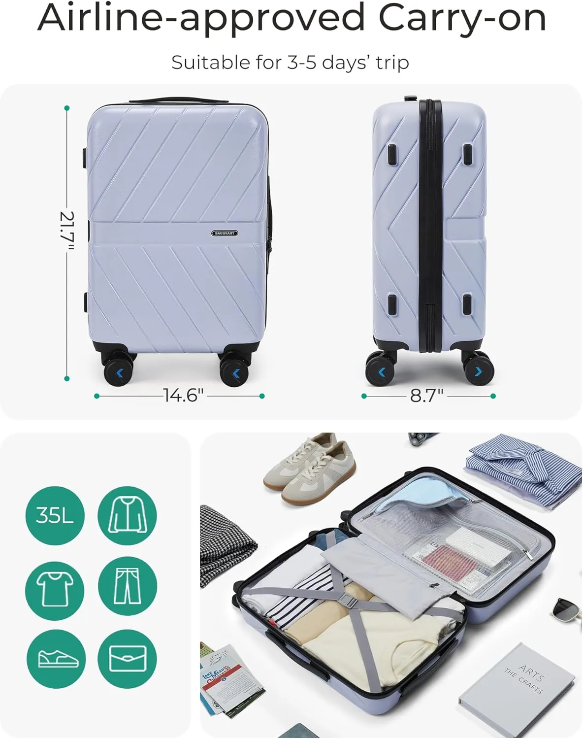 BAGSMART Carry On Luggage 22x14x9 Airline Approved, 20 Inch Lightweight Carry On Suitcase, Hard Shell Luggage with Spinner Wheels, 20 Inch Rolling Suitcases, Purple
