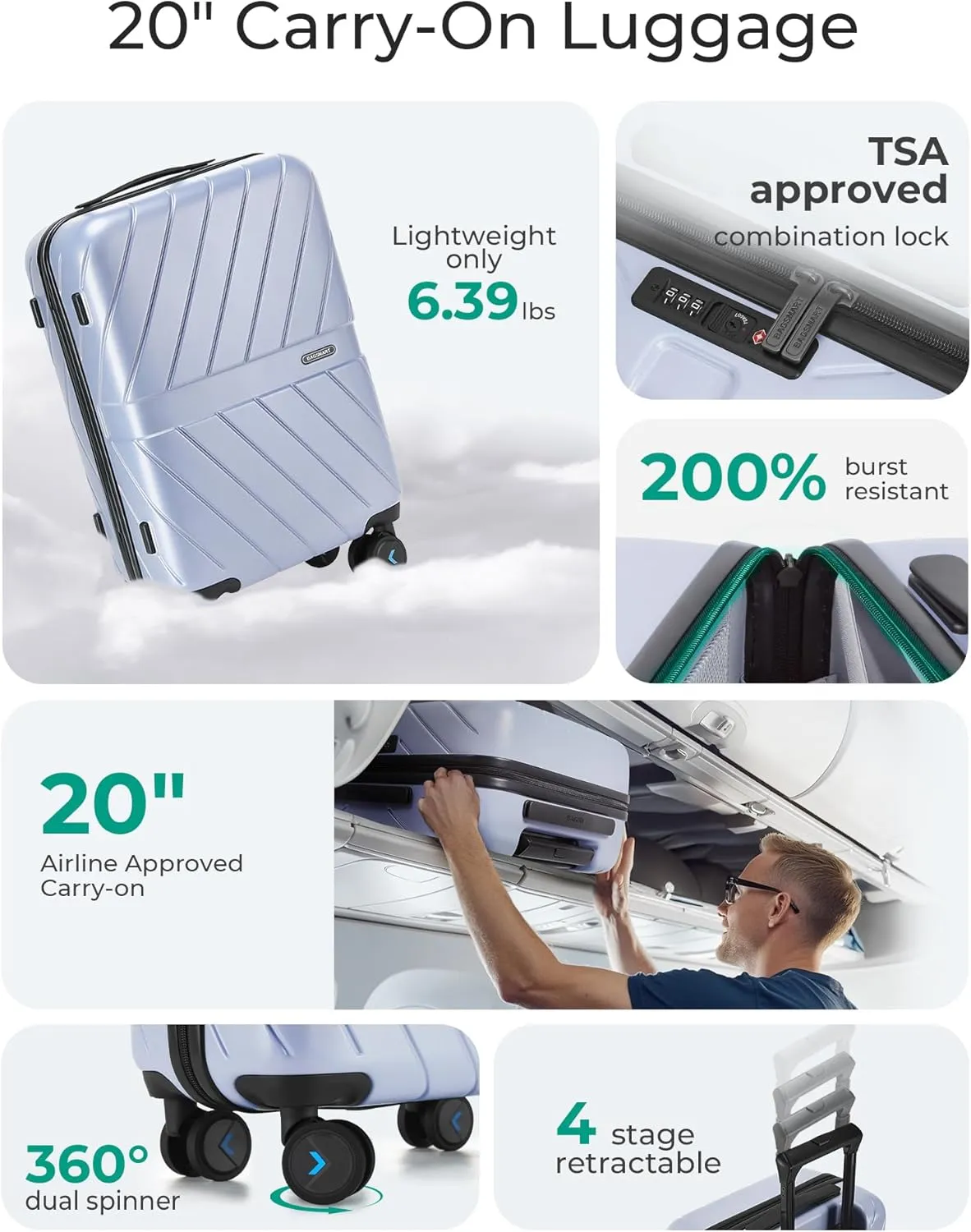 BAGSMART Carry On Luggage 22x14x9 Airline Approved, 20 Inch Lightweight Carry On Suitcase, Hard Shell Luggage with Spinner Wheels, 20 Inch Rolling Suitcases, Purple