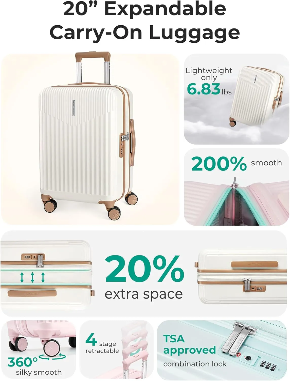 BAGSMART Carry On Luggage 22x14x9 Airline Approved with Spinner Wheels,100% PC Hardside Expandable Luggage with TSA Lock for Trips, 20 Inch Rolling Suitcases for Men Women,Beige