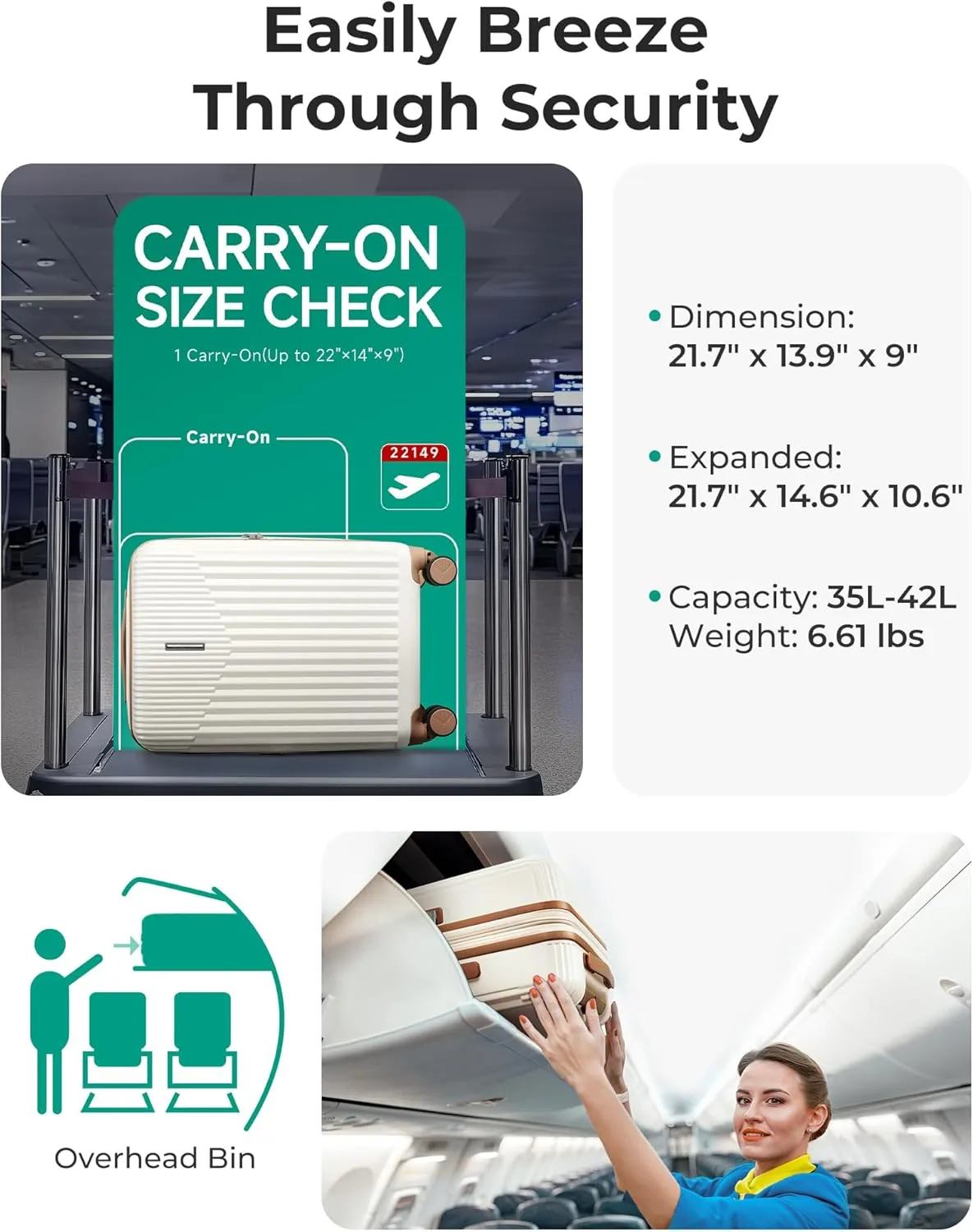 BAGSMART Carry On Luggage 22x14x9 Airline Approved with Spinner Wheels,100% PC Hardside Expandable Luggage with TSA Lock for Trips, 20 Inch Rolling Suitcases for Men Women,Beige