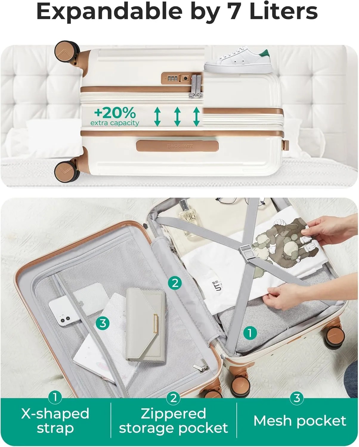 BAGSMART Carry On Luggage 22x14x9 Airline Approved with Spinner Wheels,100% PC Hardside Expandable Luggage with TSA Lock for Trips, 20 Inch Rolling Suitcases for Men Women,Beige
