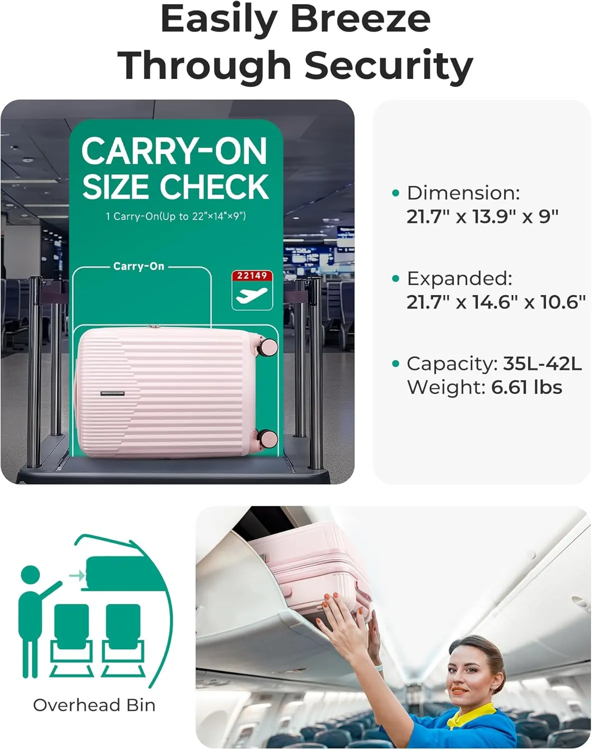 BAGSMART Carry On Luggage 22x14x9 Airline Approved with Spinner Wheels,100% PC Hardside Expandable Luggage with TSA Lock for Trips, 20 Inch Rolling Suitcases for Men Women,Pink