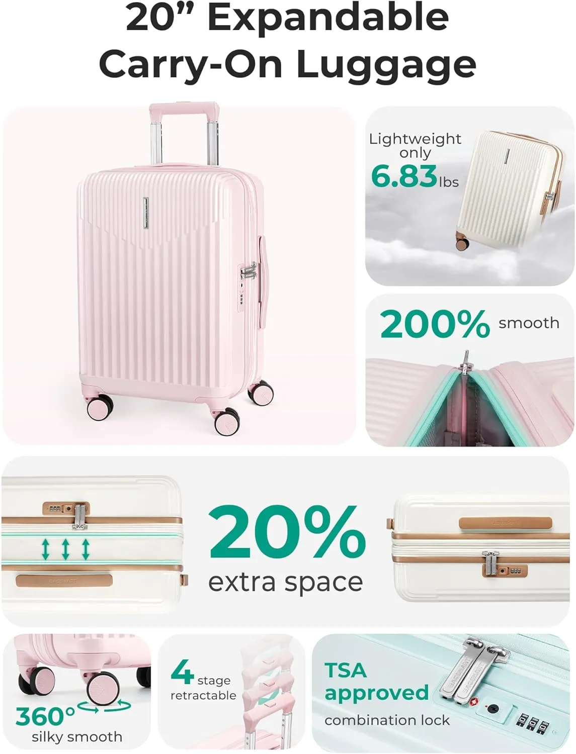 BAGSMART Carry On Luggage 22x14x9 Airline Approved with Spinner Wheels,100% PC Hardside Expandable Luggage with TSA Lock for Trips, 20 Inch Rolling Suitcases for Men Women,Pink