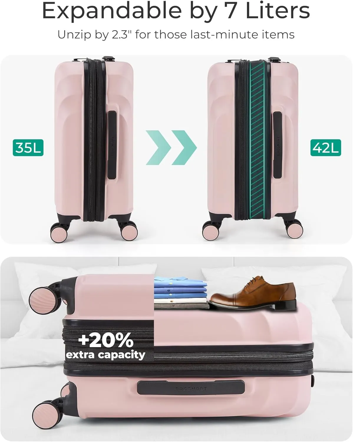 BAGSMART Carry On Luggage 22x14x9 Airline Approved with TSA Lock, Expandable Hard Shell Suitcase with Spinner Wheels, Lightweight 20 Inch Travel Rolling Carry-On Luggage, Pink