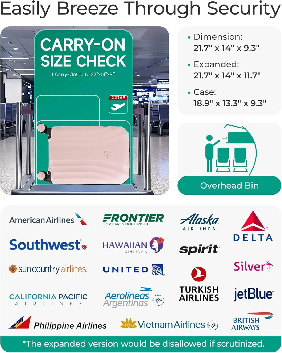 BAGSMART Carry On Luggage 22x14x9 Airline Approved with TSA Lock, Expandable Hard Shell Suitcase with Spinner Wheels, Lightweight 20 Inch Travel Rolling Carry-On Luggage, Pink