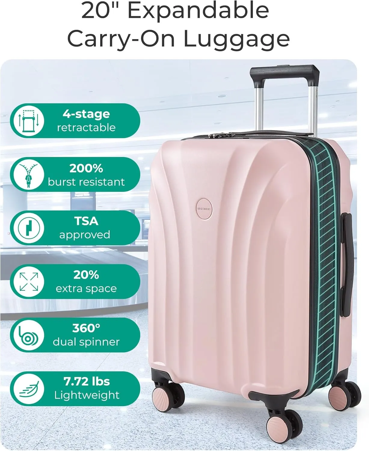 BAGSMART Carry On Luggage 22x14x9 Airline Approved with TSA Lock, Expandable Hard Shell Suitcase with Spinner Wheels, Lightweight 20 Inch Travel Rolling Carry-On Luggage, Pink