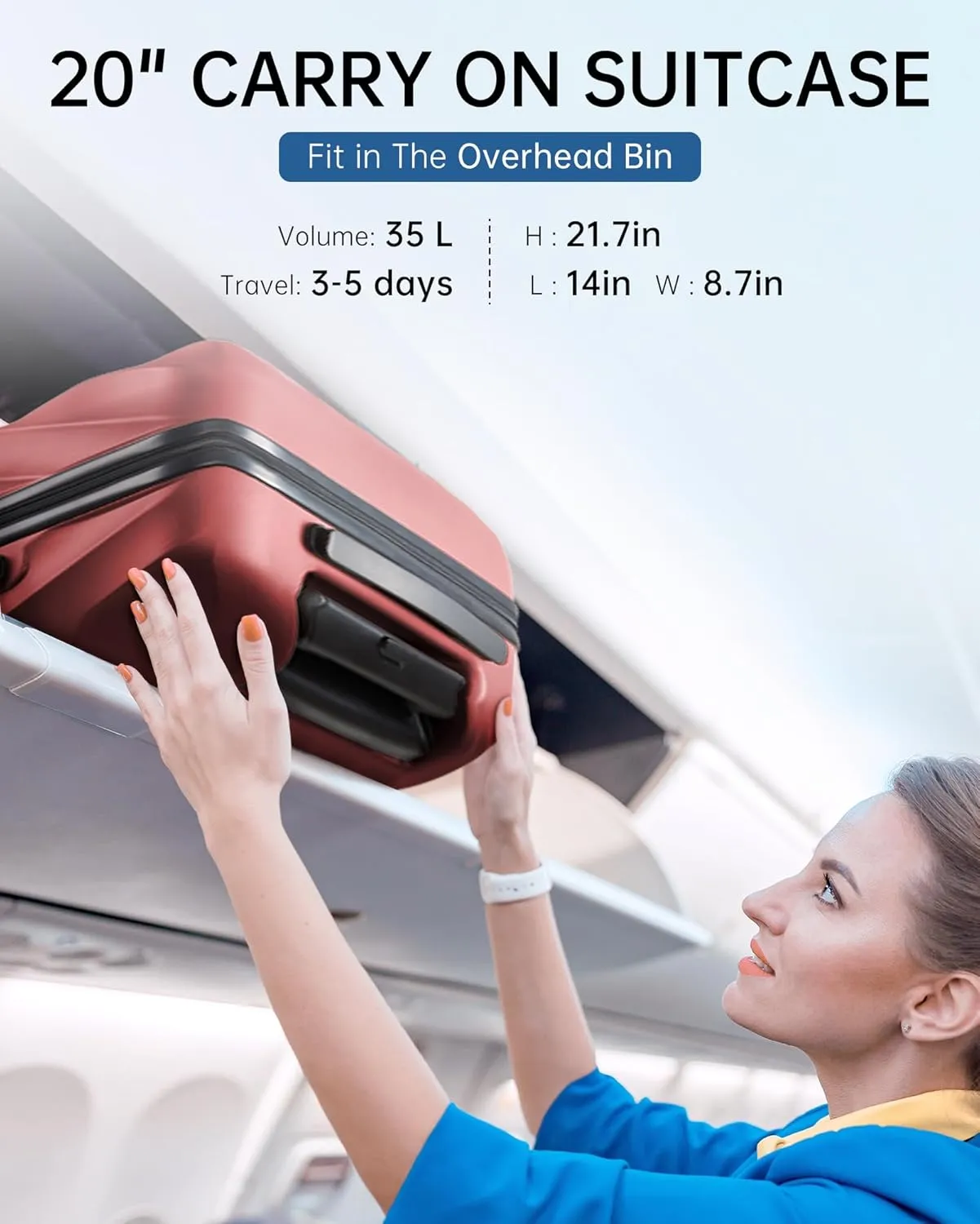 BAGSMART Carry On Luggage, PC Hardside Suitcase Airline Approved, 20 Inch Carryon Luggage with Spinner Wheels, Travel Luggage Hard Shell Lightweight Rolling Suitcases for Men Women,Red