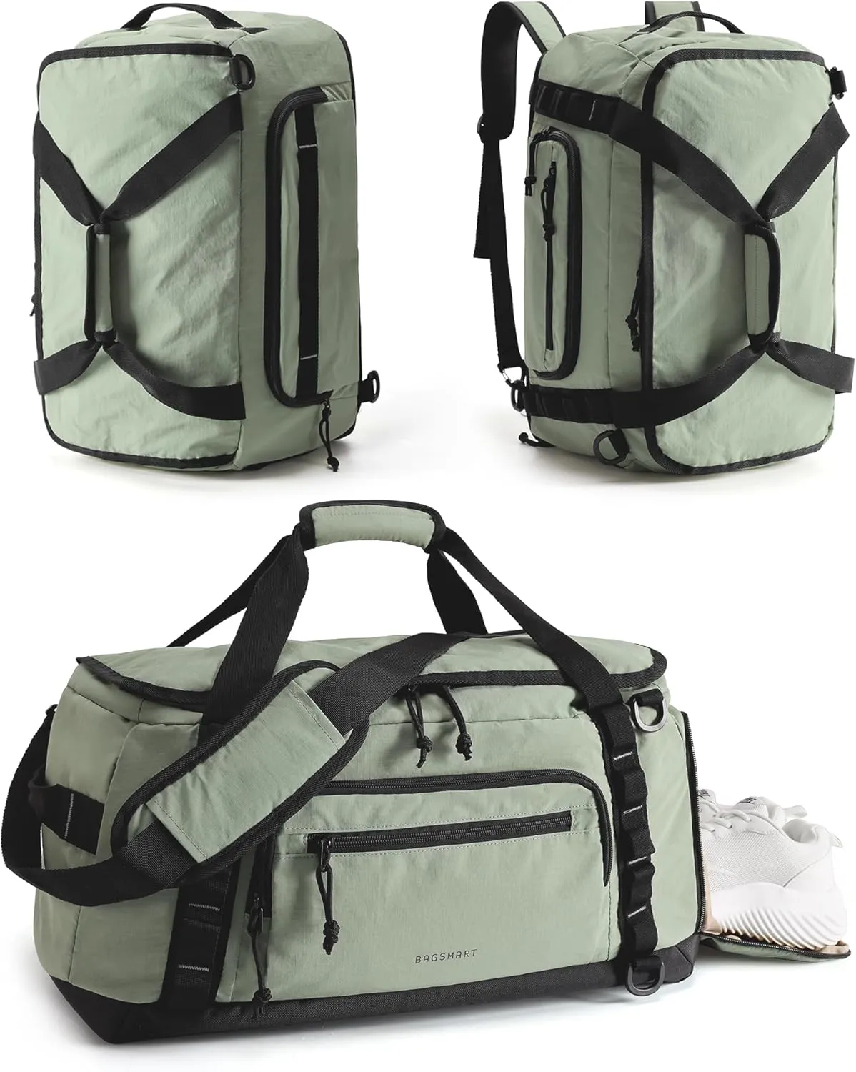 BAGSMART Gym Backpack for Men Sports & Weekend Travel, 4-in-1 Convertible Travel Duffle Bag with Shoes Compartment & Wet Pocket, 38L Gym Bag for Women, Greenish Gray