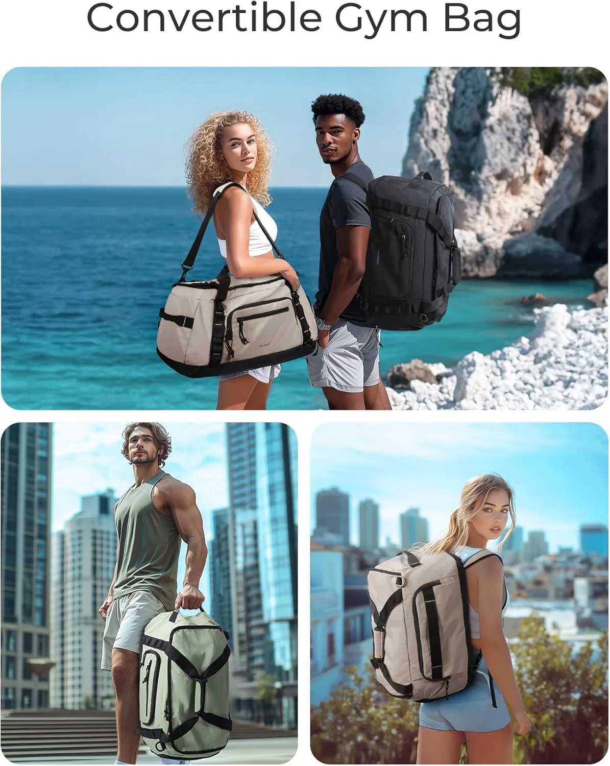 BAGSMART Gym Bag Backpack for Sports/Pool/Beach/Weekend Travel, 4-in-1 Convertible Duffle Bag with Shoes Compartment & Wet Pocket, 38L Travel Weekender Bag for Men Women, Greenish Gray