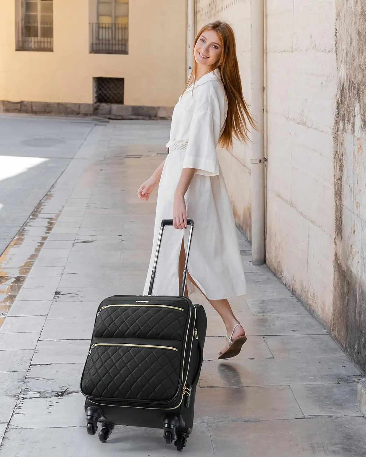 BAGSMART Softside Expandable Luggage Airline Approved with Spinner Wheels, 20 Inch Carry On Luggage 22x14x9 with TSA Lock, Quilted Rolling Suitcases for Women, Black