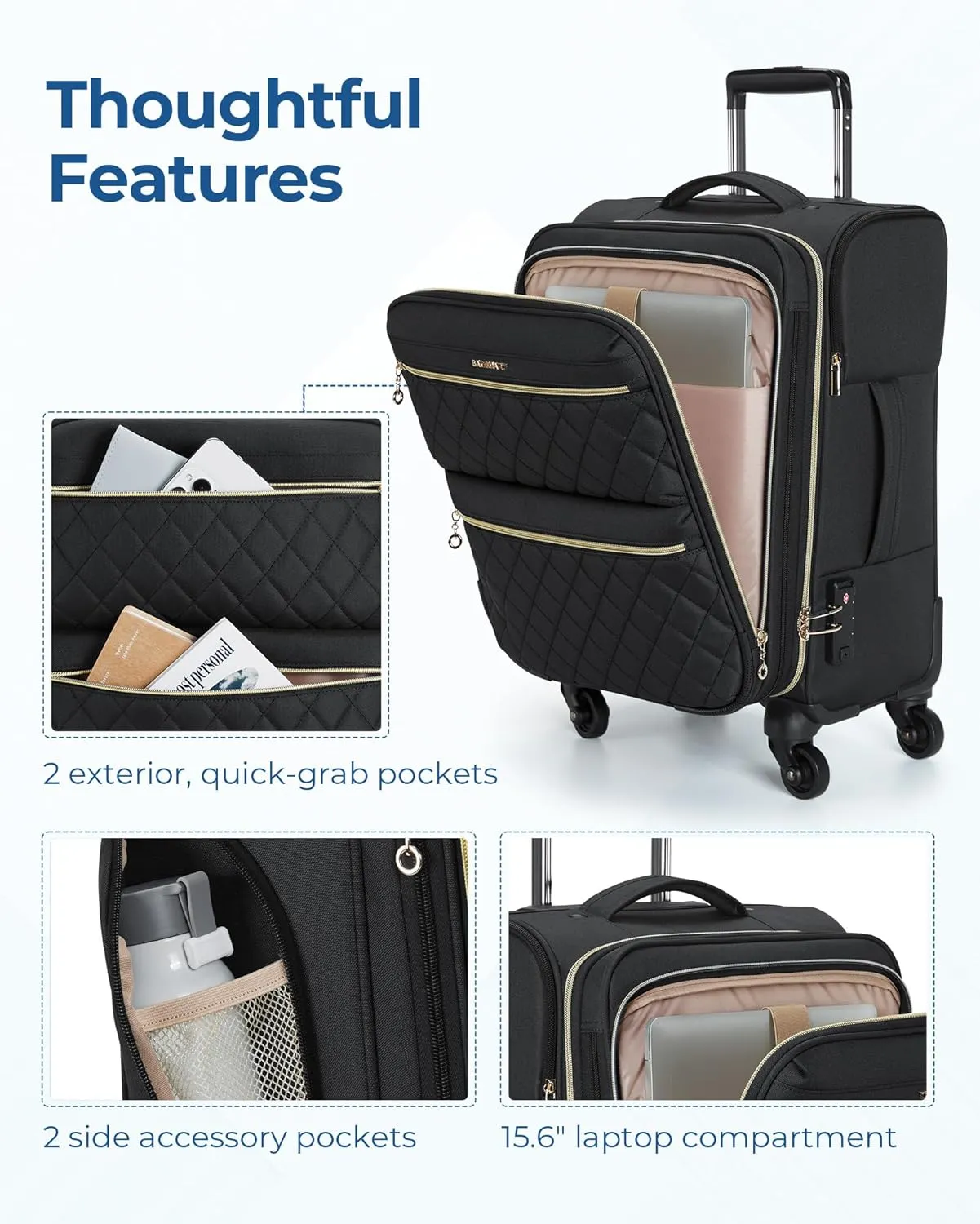 BAGSMART Softside Expandable Luggage Airline Approved with Spinner Wheels, 20 Inch Carry On Luggage 22x14x9 with TSA Lock, Quilted Rolling Suitcases for Women, Black