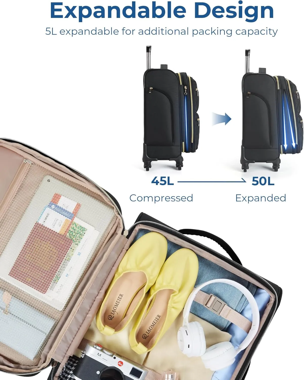 BAGSMART Softside Expandable Luggage Airline Approved with Spinner Wheels, 20 Inch Carry On Luggage 22x14x9 with TSA Lock, Quilted Rolling Suitcases for Women, Black