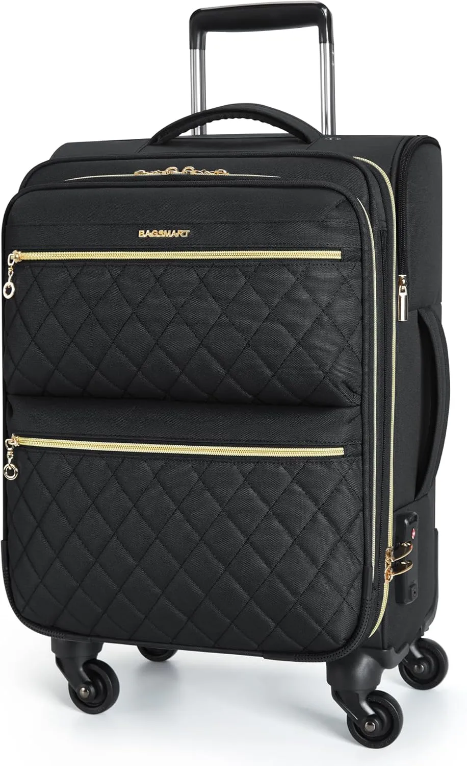 BAGSMART Softside Expandable Luggage Airline Approved with Spinner Wheels, 20 Inch Carry On Luggage 22x14x9 with TSA Lock, Quilted Rolling Suitcases for Women, Black