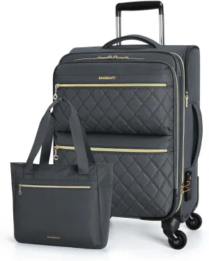 BAGSMART Softside Expandable Luggage Airline Approved with Spinner Wheels, 20 Inch Carry On Luggage 22x14x9 with TSA Lock, Rolling Suitcases with Tote Bag, Gray