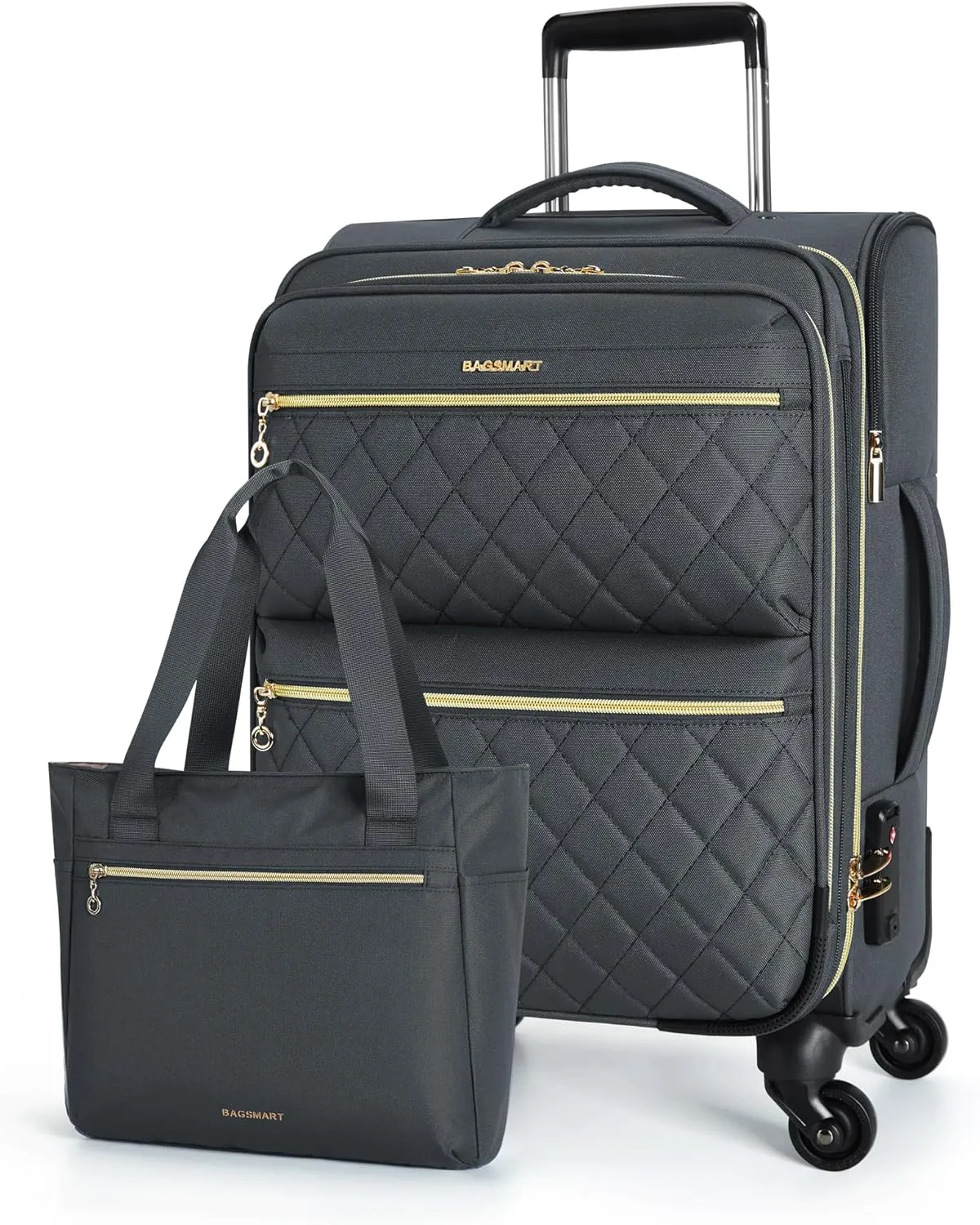 BAGSMART Softside Expandable Luggage Airline Approved with Spinner Wheels, 20 Inch Carry On Luggage 22x14x9 with TSA Lock, Rolling Suitcases with Tote Bag, Gray