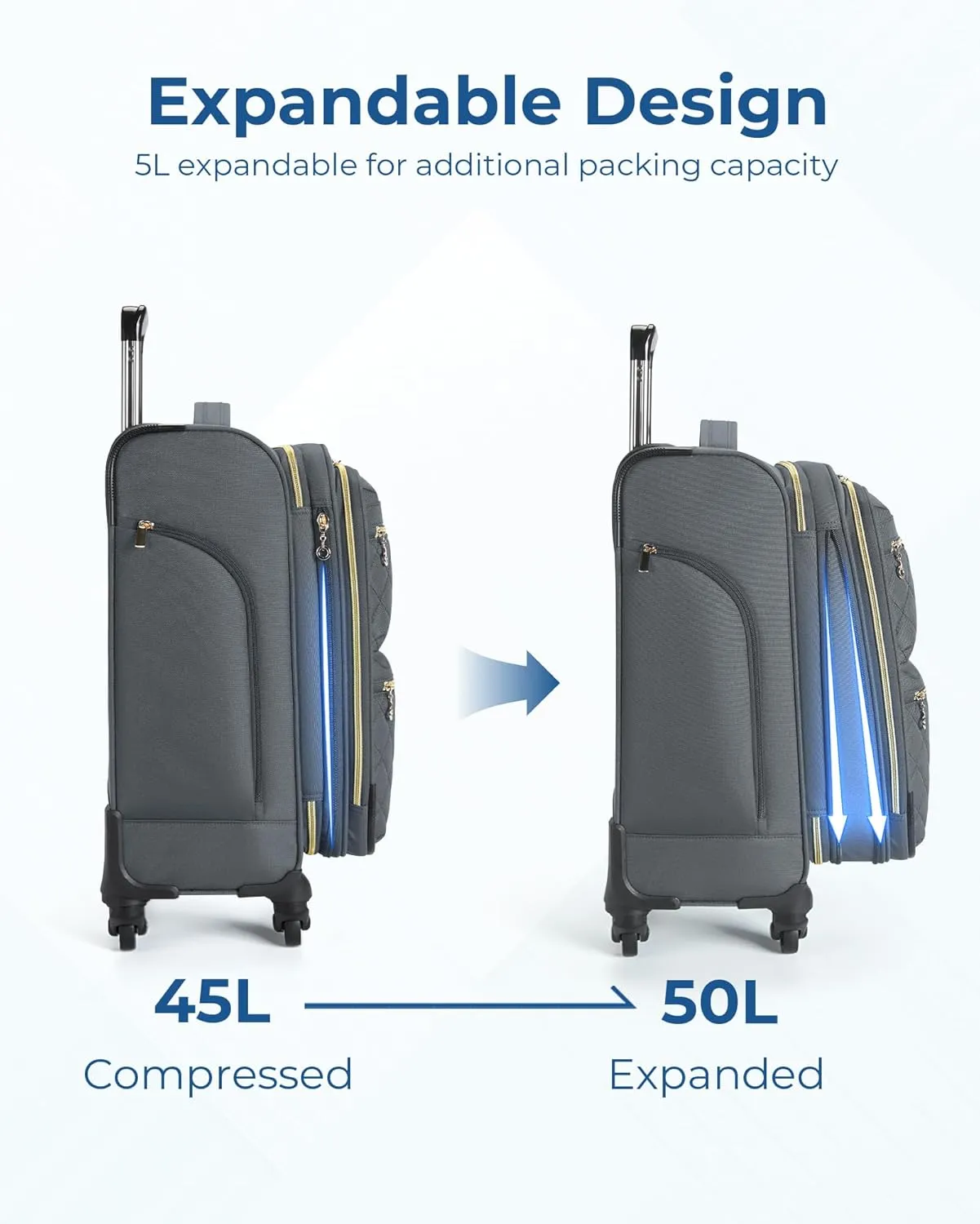 BAGSMART Softside Expandable Luggage Airline Approved with Spinner Wheels, 20 Inch Carry On Luggage 22x14x9 with TSA Lock, Rolling Suitcases with Tote Bag, Gray