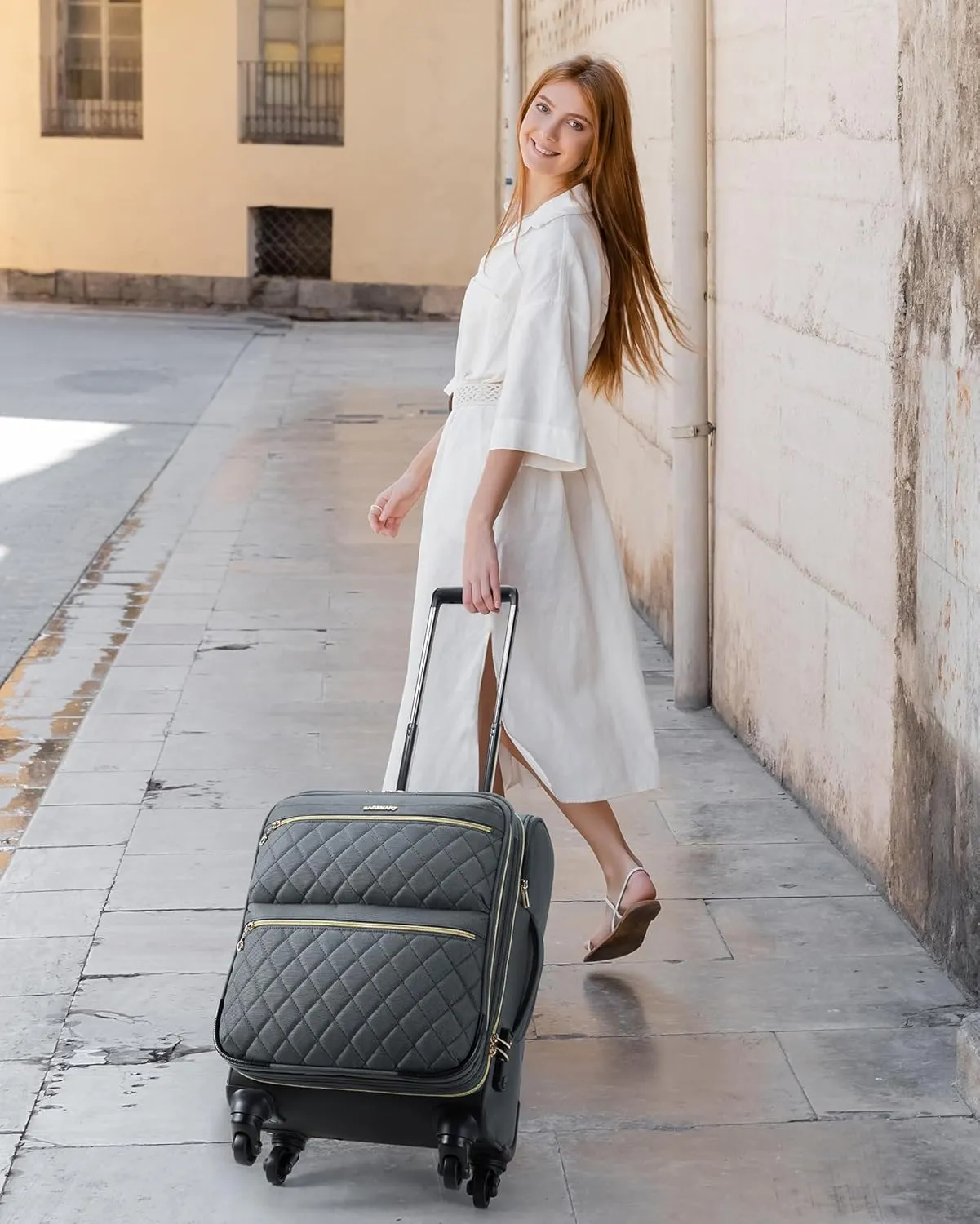 BAGSMART Softside Expandable Luggage Airline Approved with Spinner Wheels, 20 Inch Carry On Luggage 22x14x9 with TSA Lock, Rolling Suitcases with Tote Bag, Gray