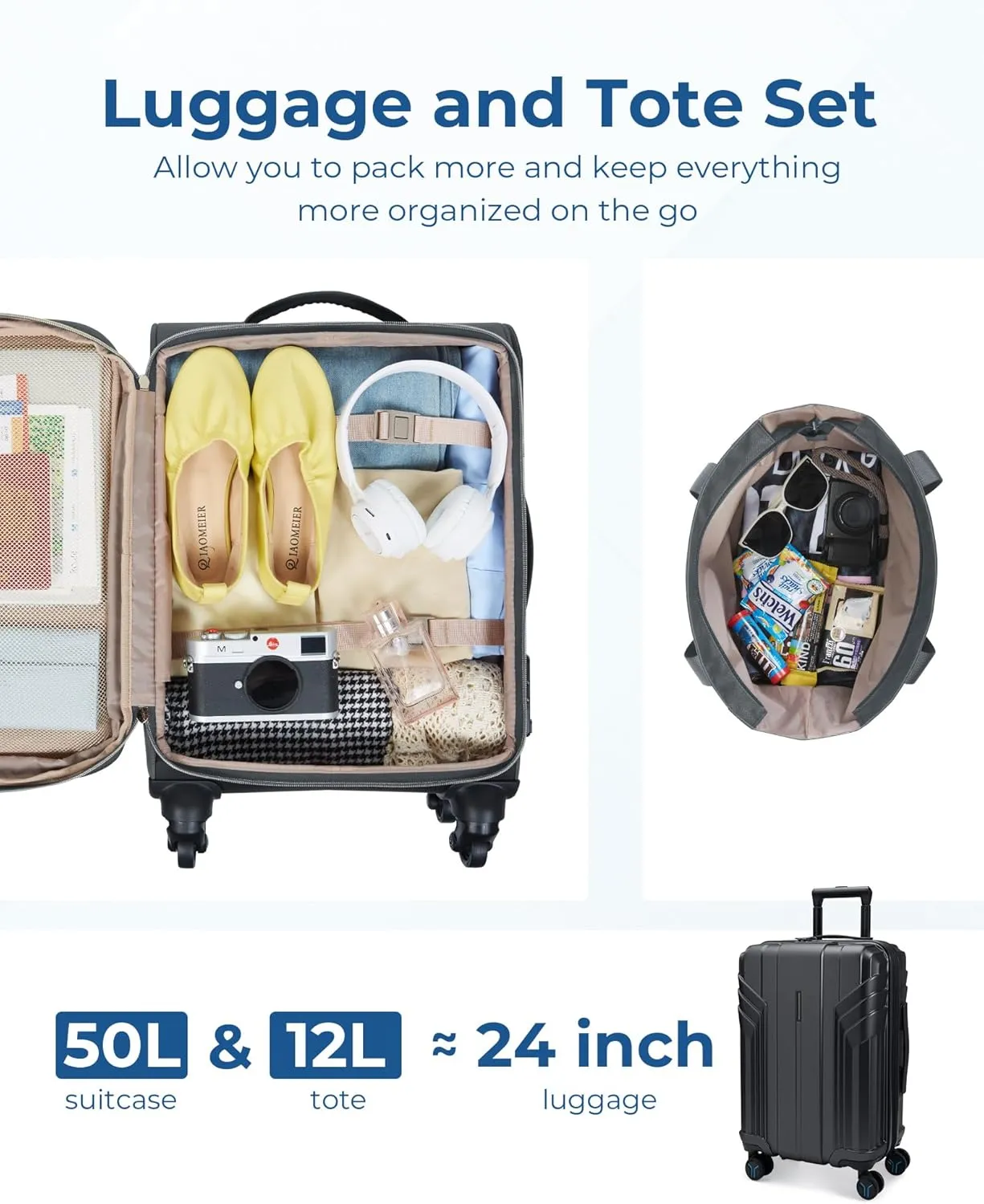 BAGSMART Softside Expandable Luggage Airline Approved with Spinner Wheels, 20 Inch Carry On Luggage 22x14x9 with TSA Lock, Rolling Suitcases with Tote Bag, Gray