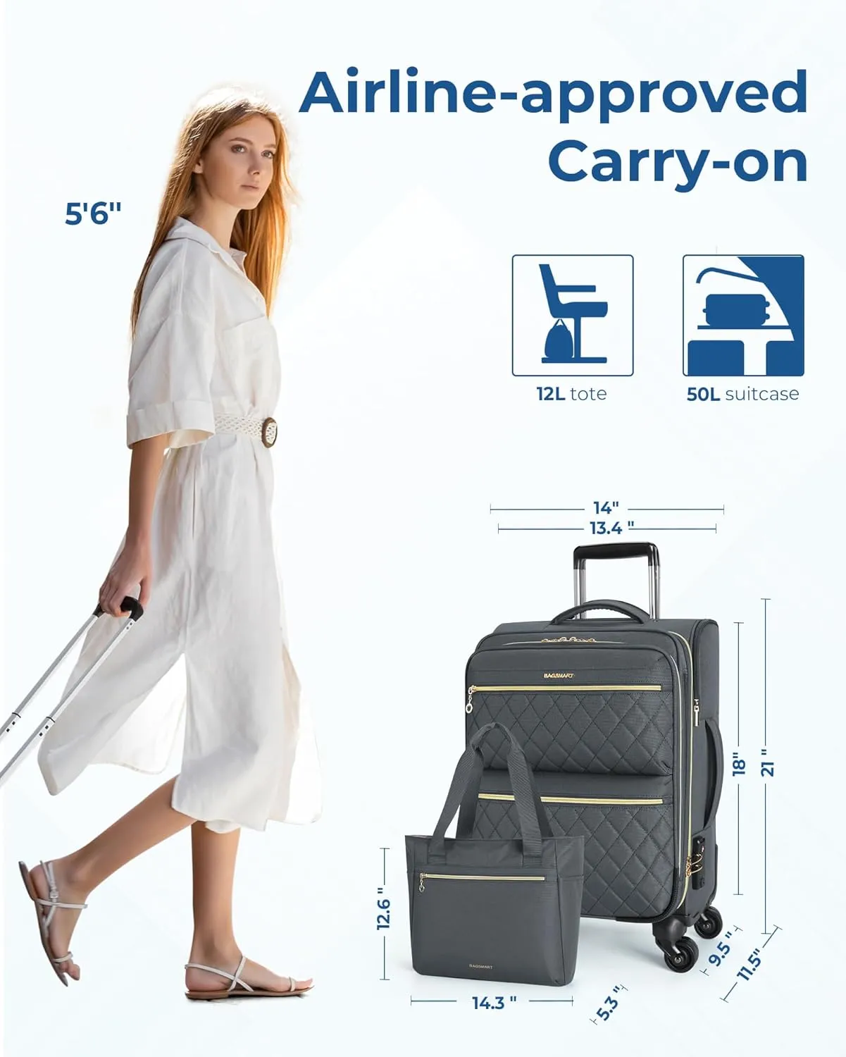BAGSMART Softside Expandable Luggage Airline Approved with Spinner Wheels, 20 Inch Carry On Luggage 22x14x9 with TSA Lock, Rolling Suitcases with Tote Bag, Gray