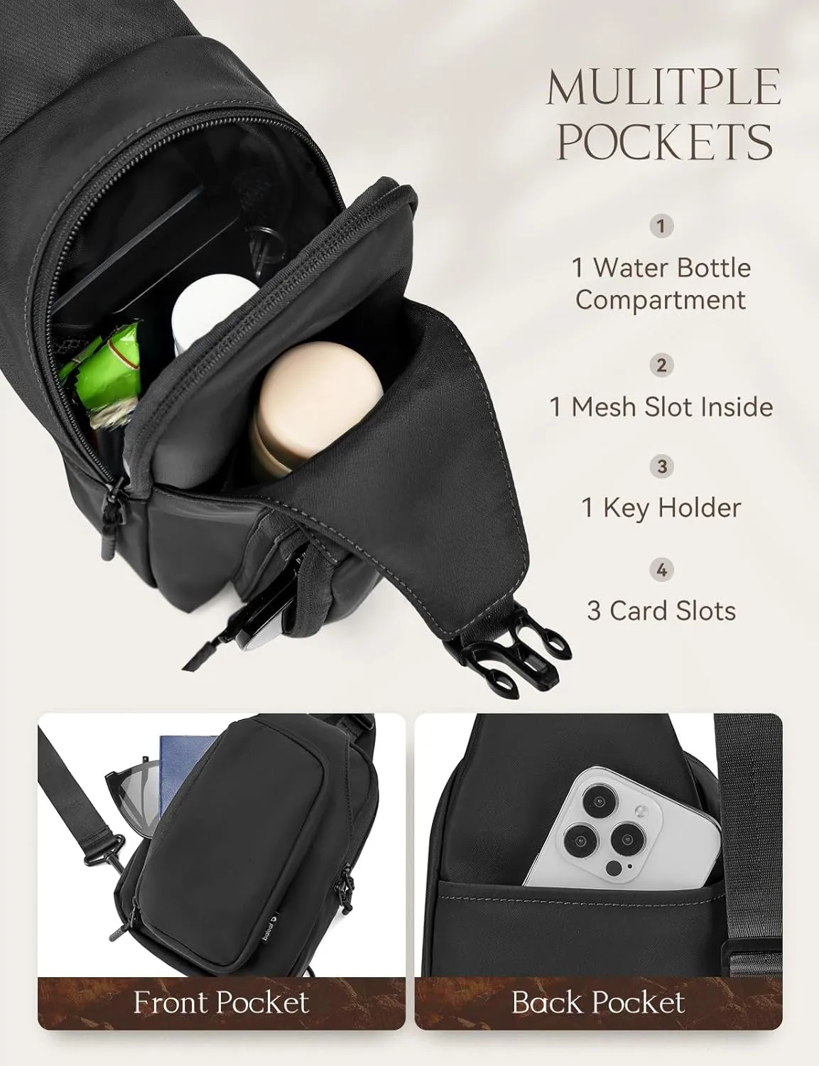 baleaf Small Sling Bag Crossbody Backpack Adjustable Strap Shoulder Chest Daypack Casual Traveling Hiking Daily Black